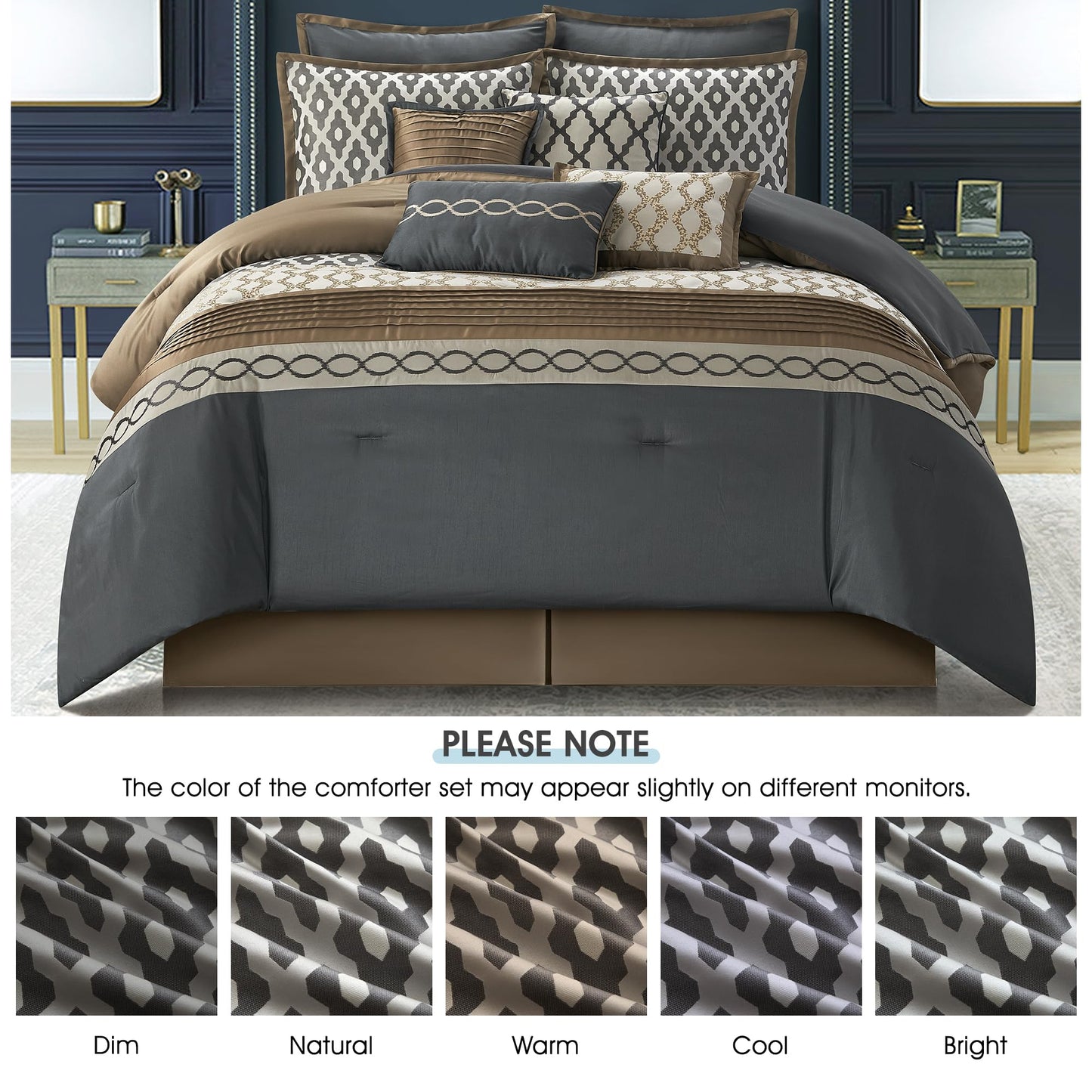LANCO MODERN LIFESTYLE Queen Comforter Set, Grey Brown, 10 Piece Bed in a Bag for All Seasons, Luxury Extreme Comfort Bedding Sets with Bedskirt, Pillow Shams, Euro Shams and Decor Pillows