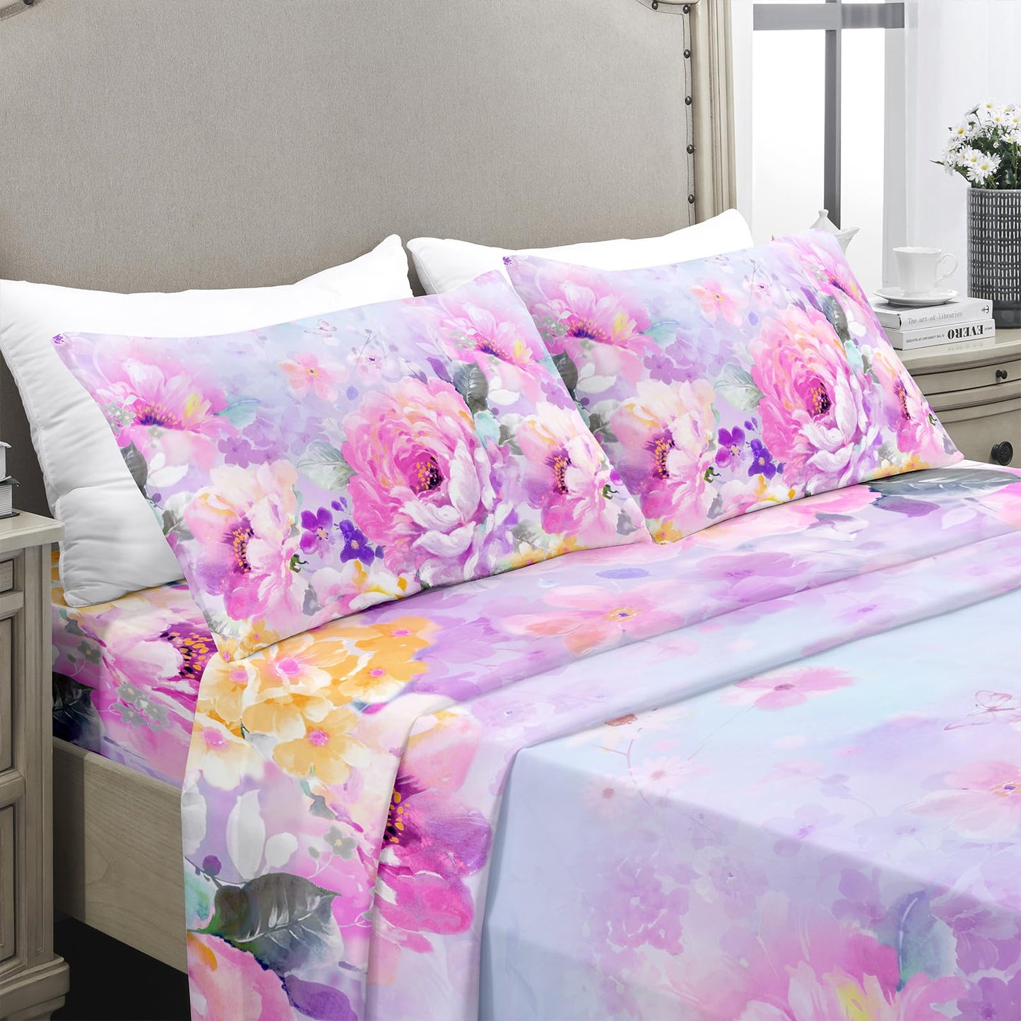 YIYEA Queen Sheet Set, Luxury 1800TC Hotel Quality Double Brushed Microfiber Floral Bed Sheets for Queen Size Bed, Extra Soft, Deep Pocket, Shrinkage and Fade Resistant, 4PC (Queen)