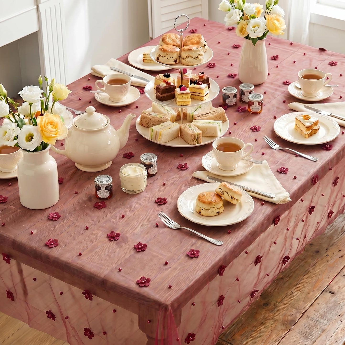 Horaldaily Burgundy Flower Pearl Burgundy Gauze Table Cloth 60×84 Inch Rectangular, Seasonal Sheer Tulle Cheesecloth, Bridal Shower Table Cover for Wedding Birthday Table Decor