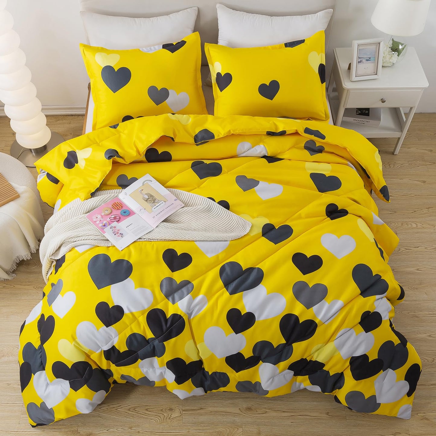 Caressma Twin Size Comforter Set for Boys Farmhouse Yellow Bedding Set with Black Heart All Season Fluffy Soft Lightweight(1 Comforter & 1 Pillowshams)