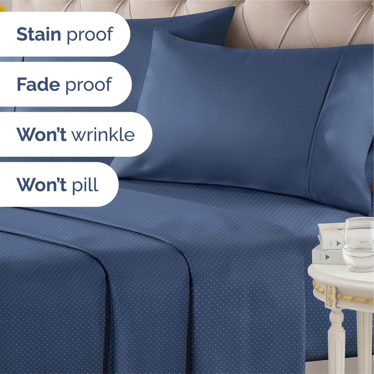 Navy Blue Polka Dots Bed Sheet Set – 1 Flat & 1 Fitted Sheet & 2 Pillowcases w/ Deep Pockets – Polka Dot Bedding - Ultra-Soft, Wrinkle & Fade Resistant - Comfy, Breathable & Cooling - Queen Size Set