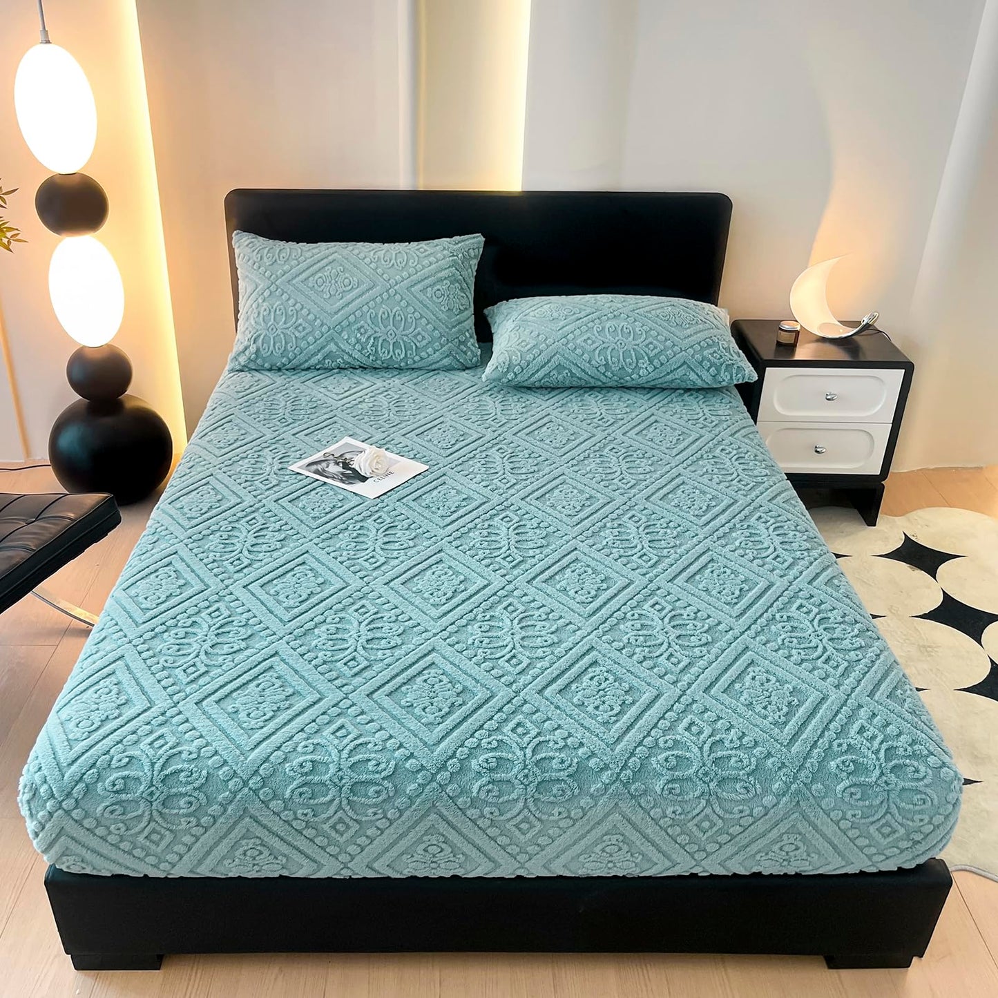 ZIQINPSQ Taffeta Velvet Jacquard Queen Fitted Sheet - Luxury Bedding - Ultra-Soft, Quick-Heat, Anti-Static, 360° Mattress Protector, Teal Blue, No Pillowcases