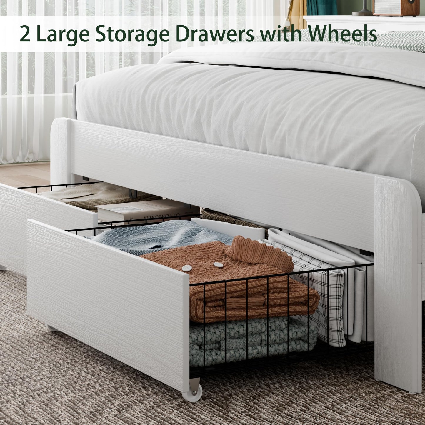 SAMTRA Wooden Bed Frame with Storage Drawers, LED Headboard & Charging Station, Wood Platform Bed Frame with Tall Headboard, No Box Spring Needed, Full Size, White