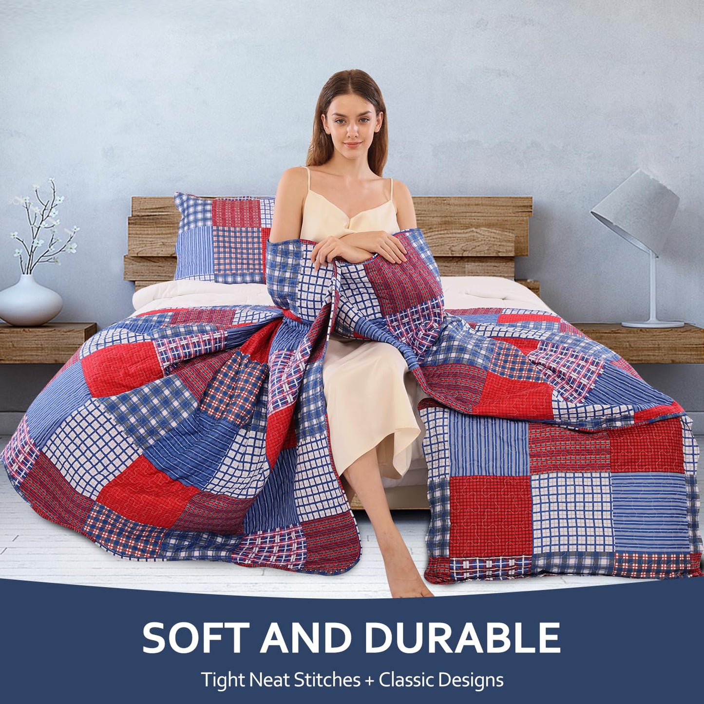 Jessy Home Plaid Quilt Set King Bedspread Coverlet Set Red Blue White Patchwork King Size Quilt Set Bedding Soft Lightweight Quilts Coverlet Country Reversible Quilt Bed Spread with 2 Pillow Shams