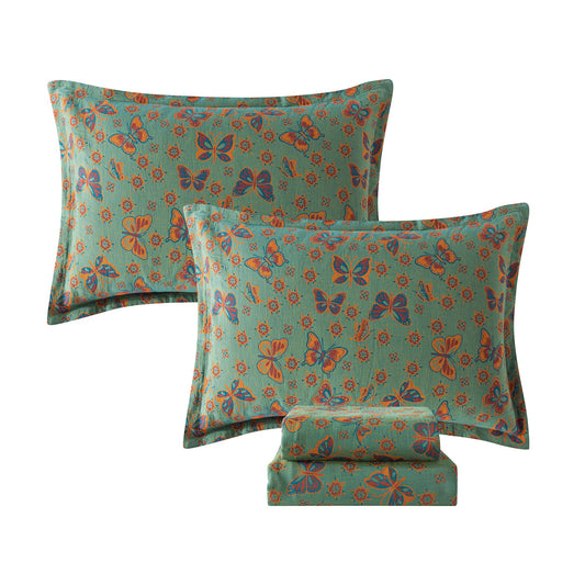 FADFAY Butterfly Sheets Set Queen Vintage Green Red Floral Bedding Shabby Farmhouse Bedding Super Soft Washed Double -Layer Muslin Sheets 100% Cotton Deep Pocket Fitted Sheet 4Pcs, Queen Size