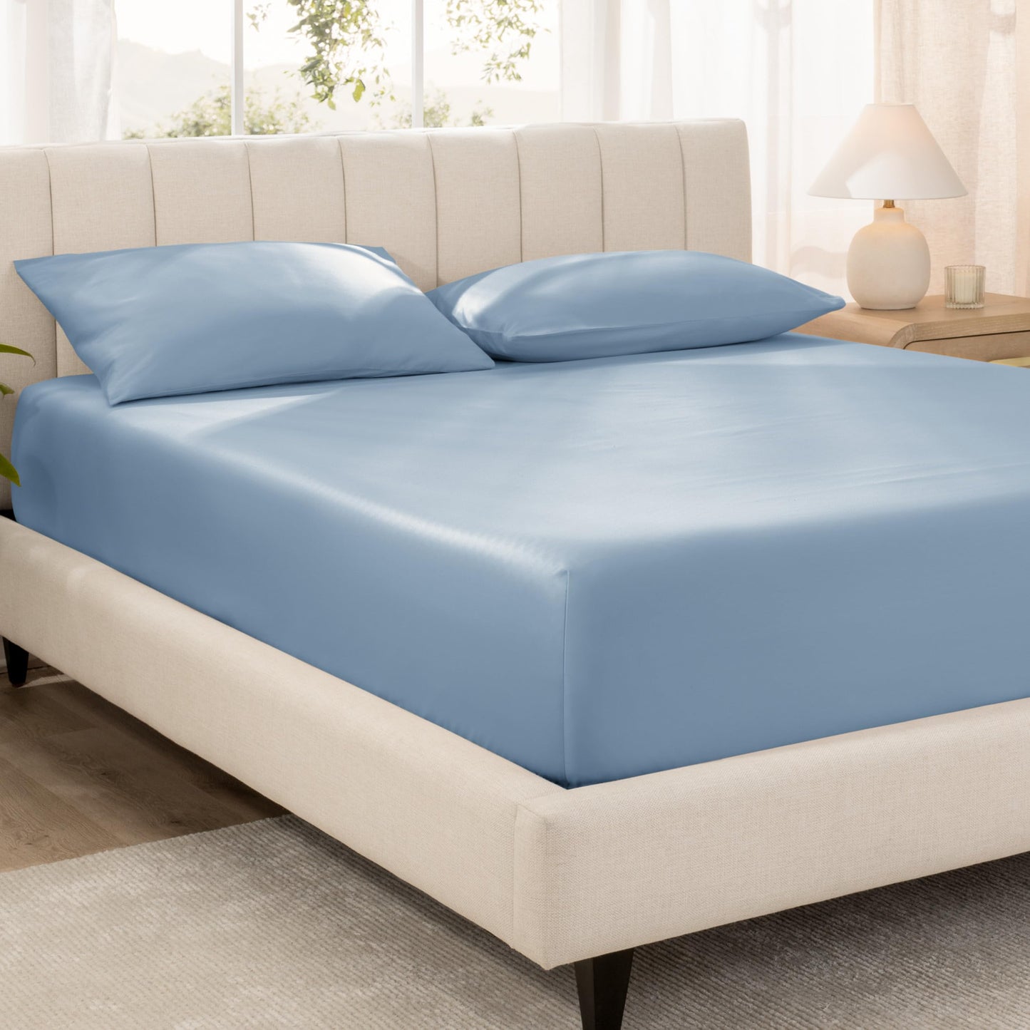 Bare Home 100% Organic Cotton Sateen Fitted Sheet - 400 Thread Count - Smooth Sateen Weave - Breathable & Cooling - Hotel Luxury - Durable Fitted Sheet - Deep Pocket (King, Dusty Blue)