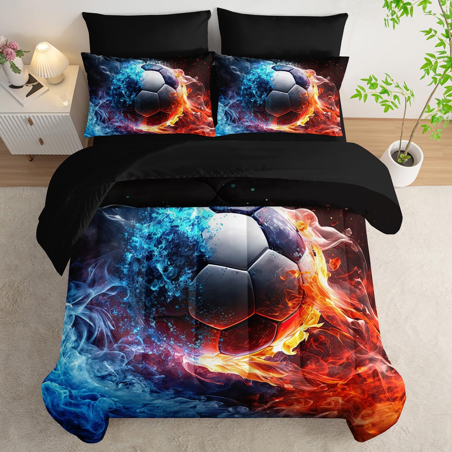 XYNHML Soccer Print Comforter 7Pcs Gaming Sport Soccer Bedding Set for Kid Teen Girl Boy Adult Ball Sports Games Ice Fire Football Quilt Bed Set Twin with 2 Sheets,2 Pillowcases,2 Throw Pillow Covers