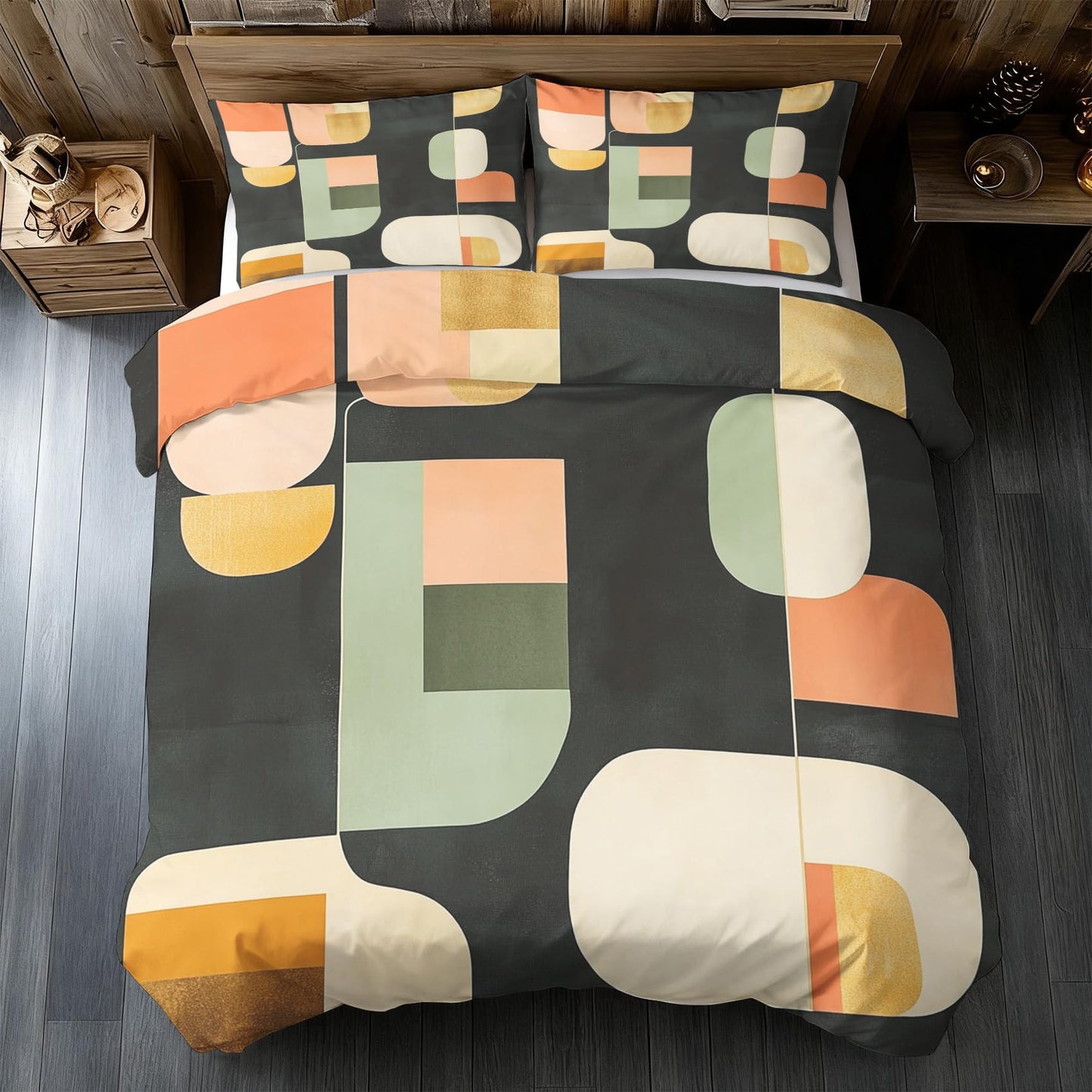 Abstract Geometric Duvet Cover Twin Size, Mid Century Modern Bedding Set 2 pcs with 1 Pillow Cover, Abstract Art Bedroom Decor, Soft Microfiber Reversible, Zipper & Ties KJJT 15