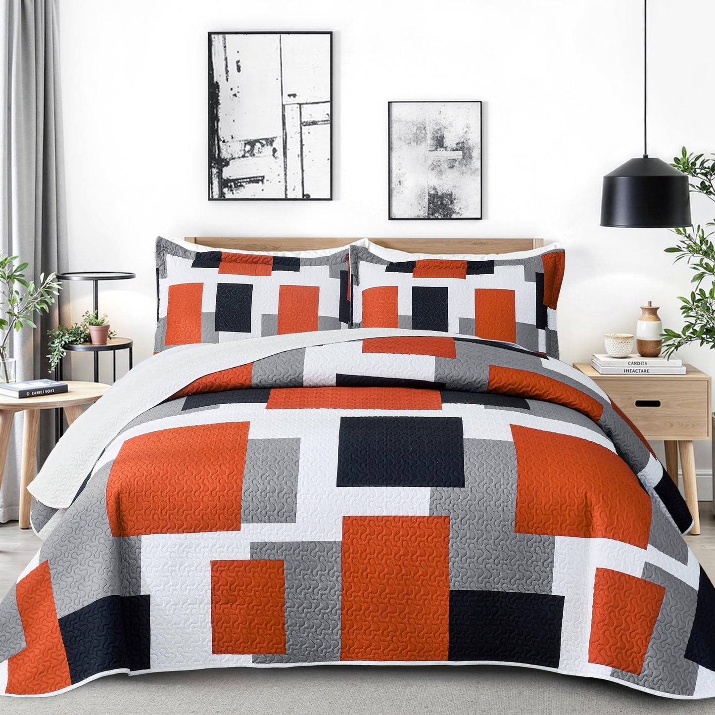 Tyrot 3 Piece Orange Grey Quilt Set Full/Queen Size Black White Gray Geometric Reversible Bedding Set Microfiber Lightweight Bedspread Coverlet with 2 Shams Modern Bed Covers for All Season, 90''x96''