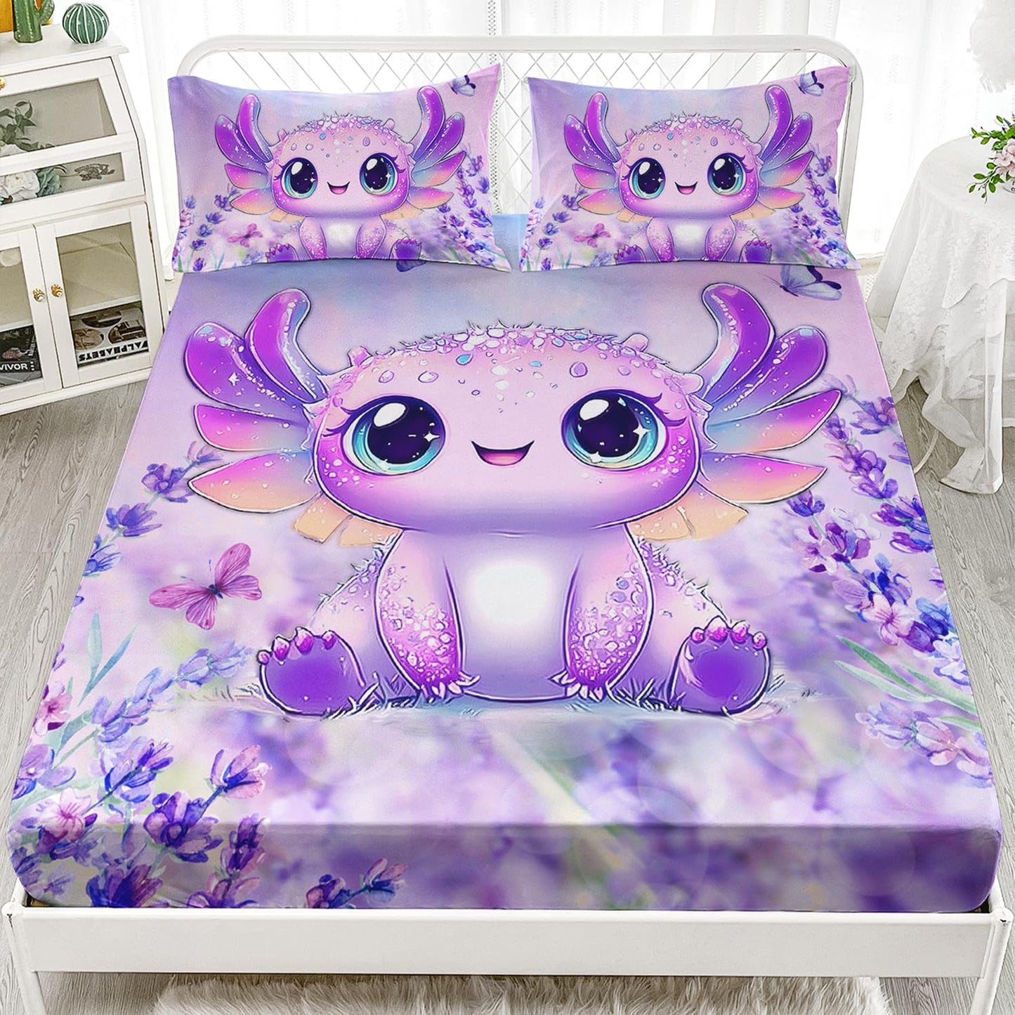 AILONEN Cartoon Axolotl Fitted Sheet Set Twin,Purple Axolotl Bed Sheet Set,Cute Lavender Butterfly Axolotl Bedding Sheet for Kids,Kawaii Ocean Animal Axolotl Fitted Sheet with 2 Pillowcases,3Pcs