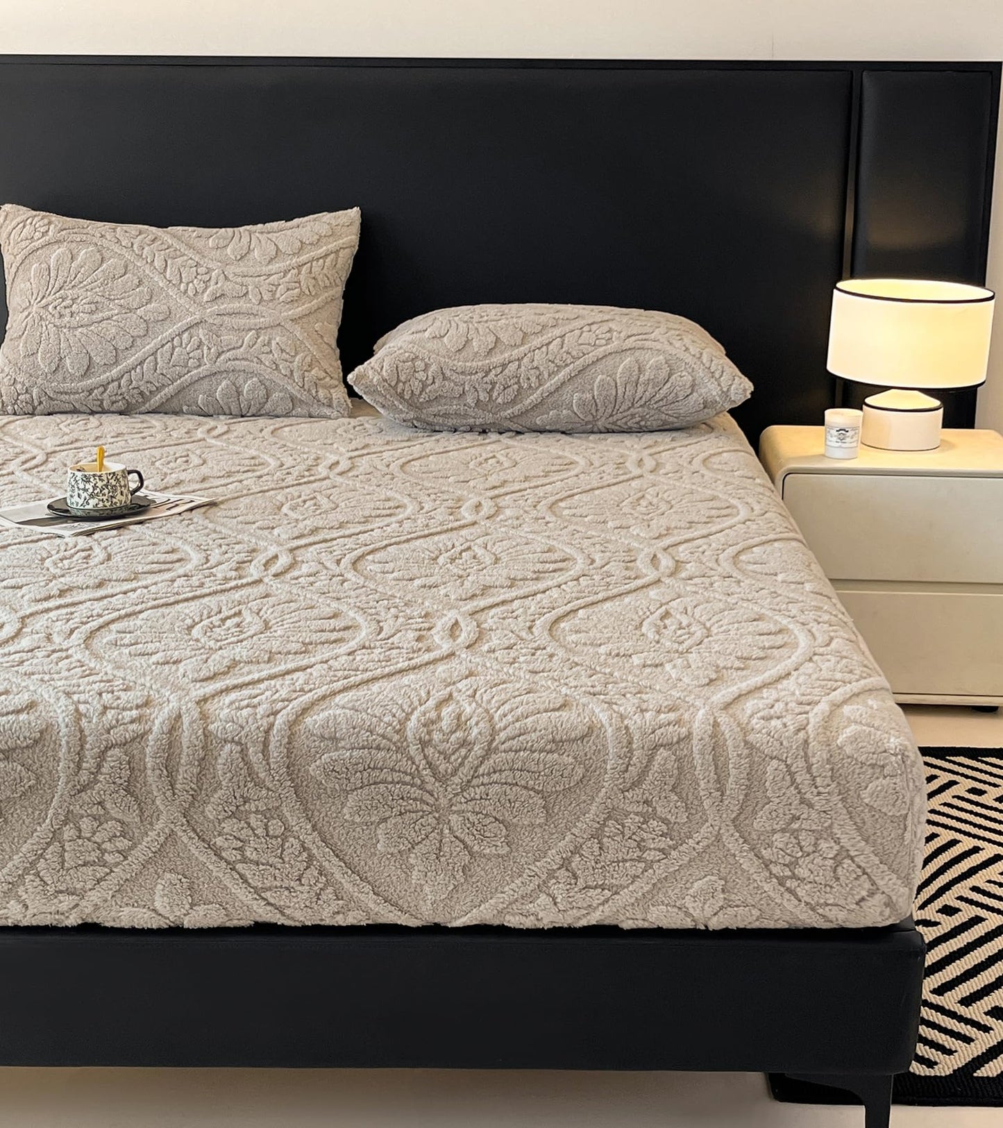 LweiPsqLin Fluffy Velvet Fitted Sheet Twin Size - Micro Fleece Bed Sheet with 15" Deep Pockets, Bohemian Floral Jacquard Mattress Cover, Shrink & Fade Resistant, Gray