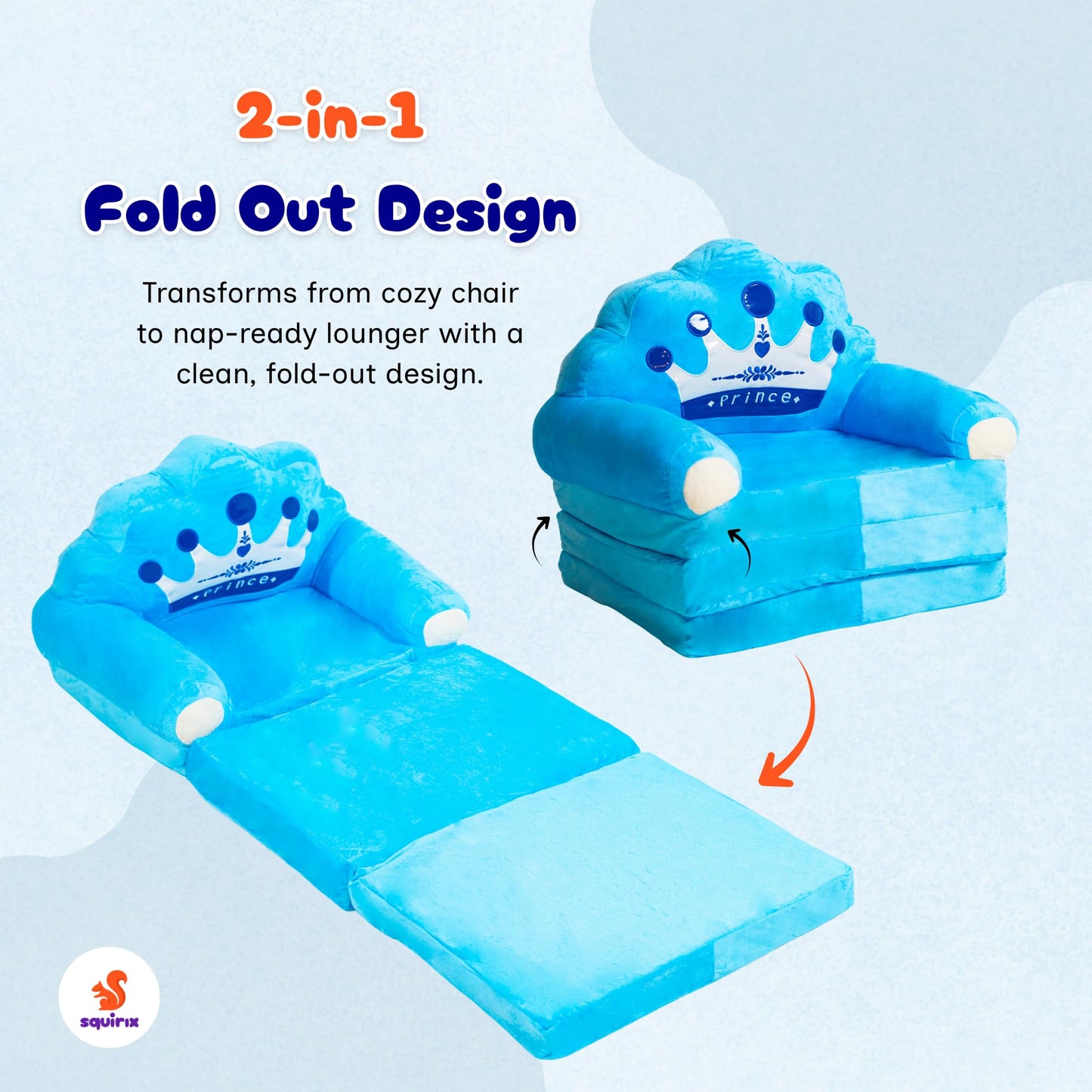 Squirix Kids Folding Chair – Plush Royal Crown Fold Out Chair Bed for Toddlers – Soft Kid Couch for Boys – Lightweight Washable Kids Furniture for Bedroom, Playroom, or Travel (Blue)
