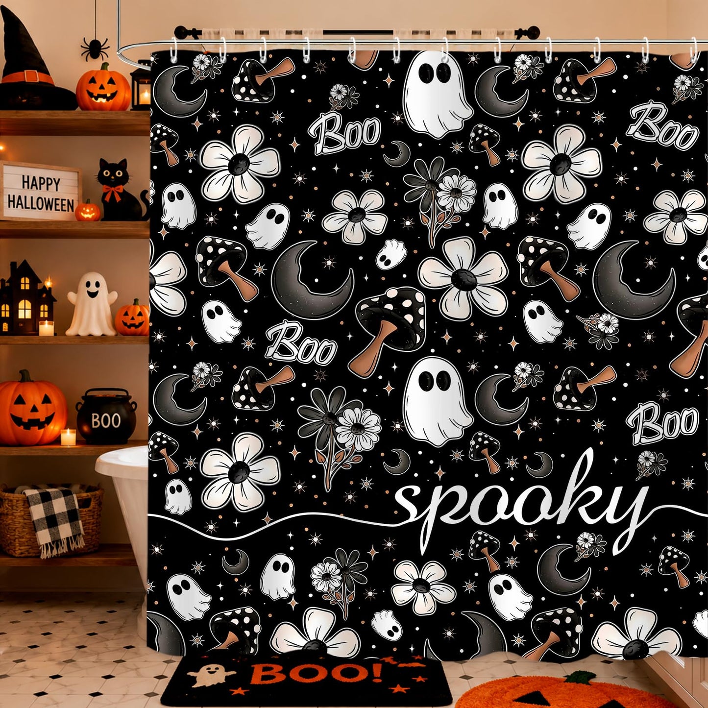 FAMTUDE Floral Halloween Shower Curtain,Black Spooky Cute Funny Ghost Boo Shower Curtains for Bathroom,Waterproof Home Decor with 12 Hooks,72 X 72 Inches