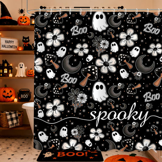 FAMTUDE Floral Halloween Shower Curtain,Black Spooky Cute Funny Ghost Boo Shower Curtains for Bathroom,Waterproof Home Decor with 12 Hooks,72 X 72 Inches