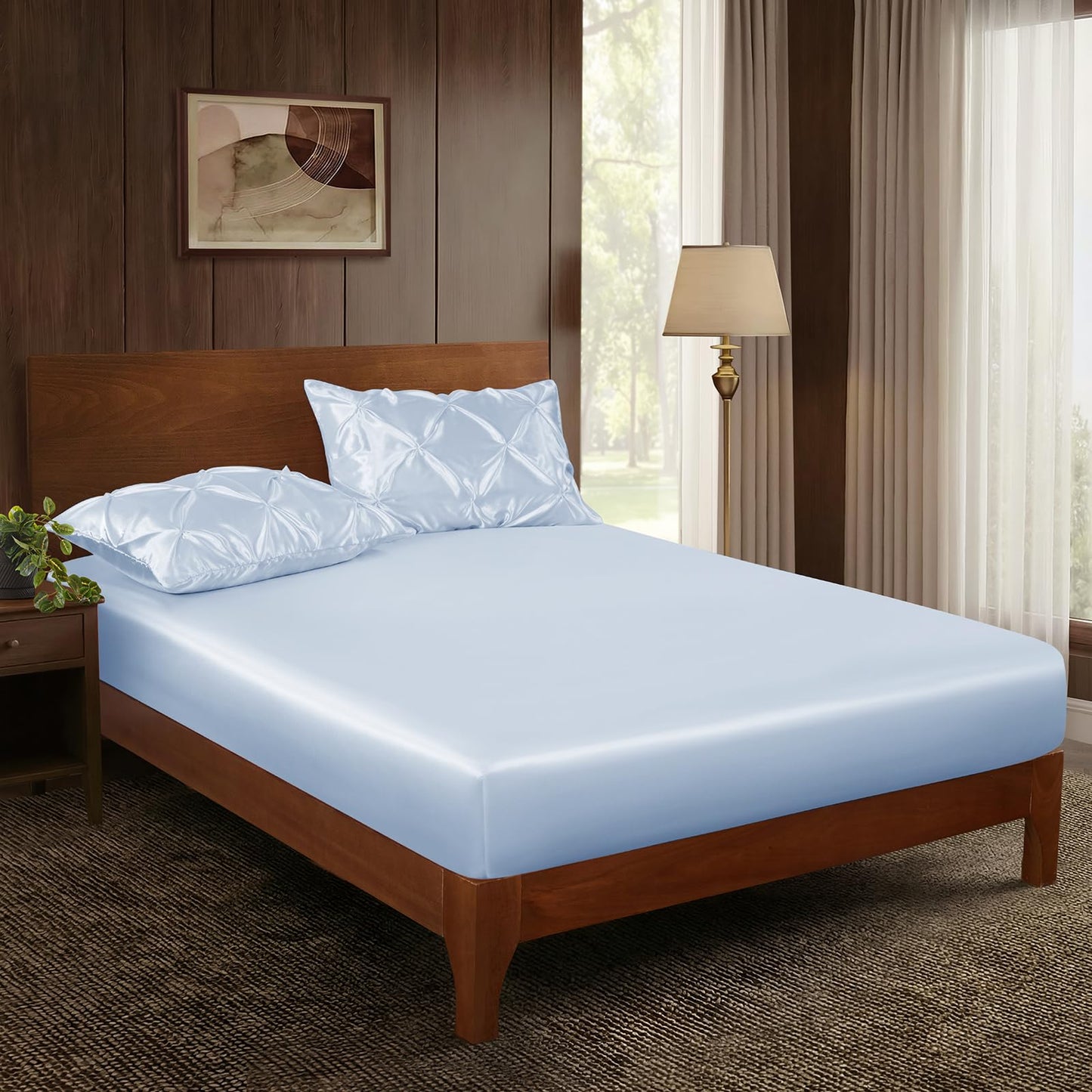 P Pothuiny 3-Piece Set Pintuck Satin Pillowcases & Twin Fitted Sheet, Baby Blue Satin Sheet Silky Soft Luxury Romantic Pinch Pleated Bedding Bedroom Dorm Decor, 15 Inch Deep Pocket
