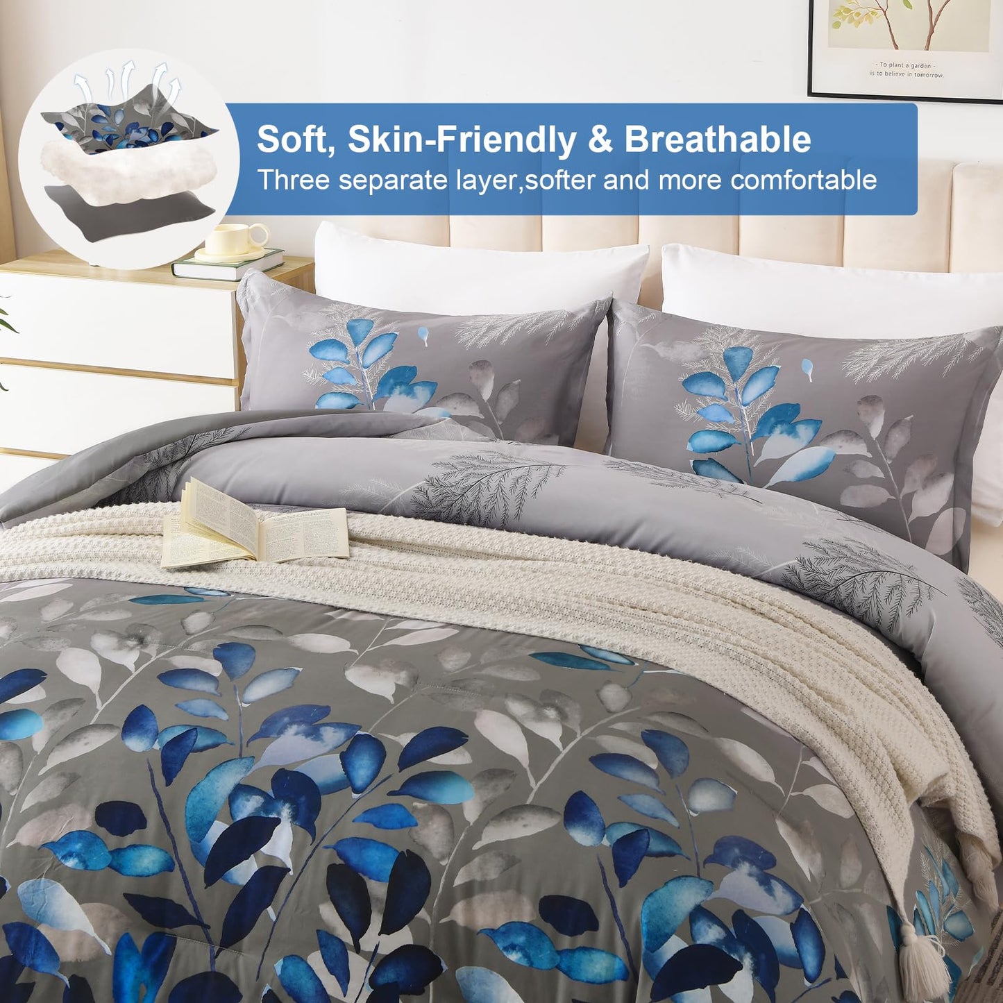 DJY King Size Comforter Set, Dark Grey Botanical Leaves Comforter Set King, 3 Pieces Reversible Blue Floral Bed Comforter Sets Soft Microfiber Bedding Comforter Set for All Season (90"x104")