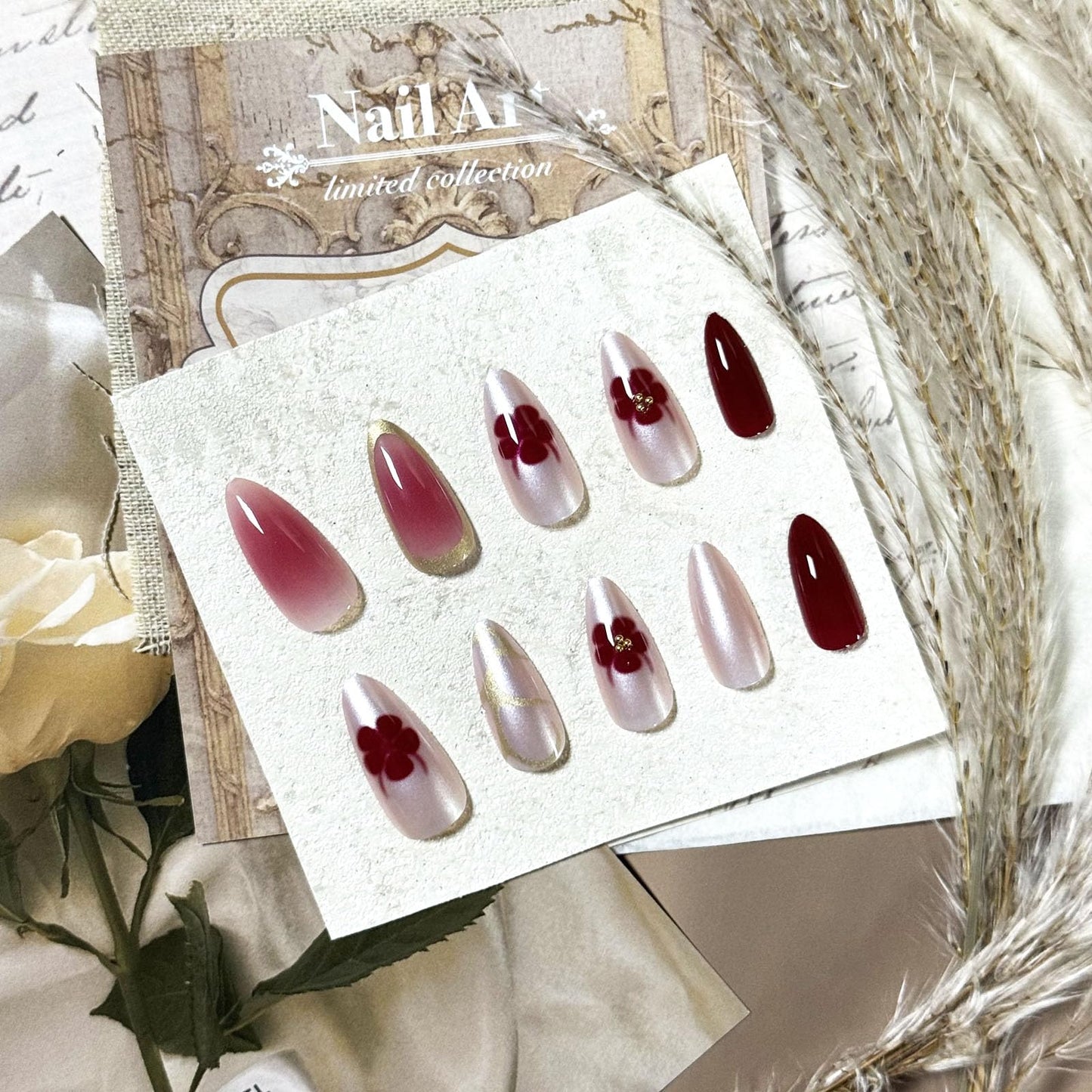 IMSOHOT Press on Nails Medium Almond, Chrome Silver Red Flower Fake Nails Glossy Acrylic French Tips False Nails Full Cover Glue on Nails