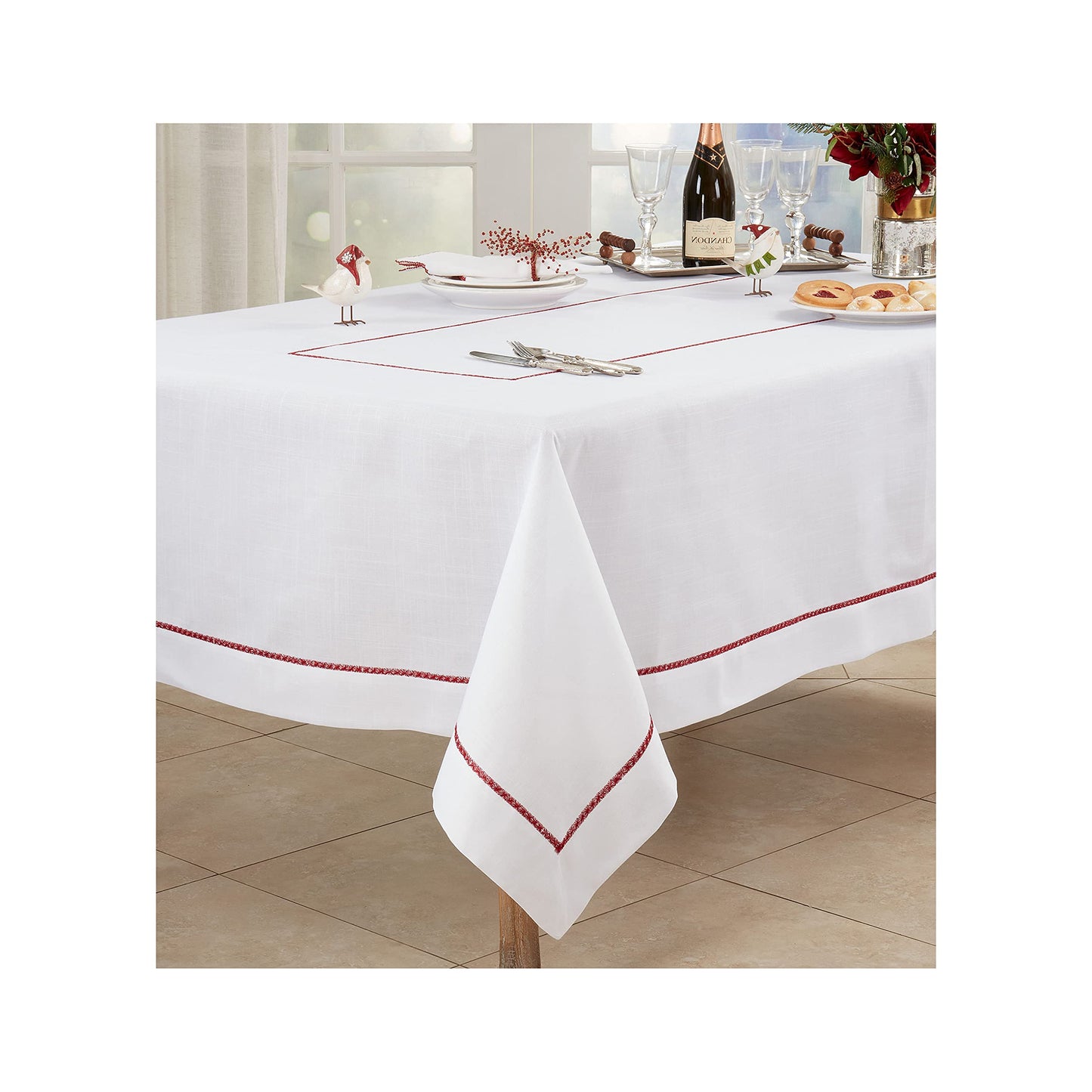 Occasion Gallery White100% Polyester Fancy Thanksgiving Christmas Holiday Embroidered Burgundy Trim Border Dining Room or Kitchen Tablecloth, 65" X 140" Rectangular (1 Piece)