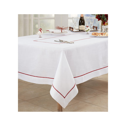 Occasion Gallery White100% Polyester Fancy Thanksgiving Christmas Holiday Embroidered Burgundy Trim Border Dining Room or Kitchen Tablecloth, 65" X 90" Rectangular (1 Piece)
