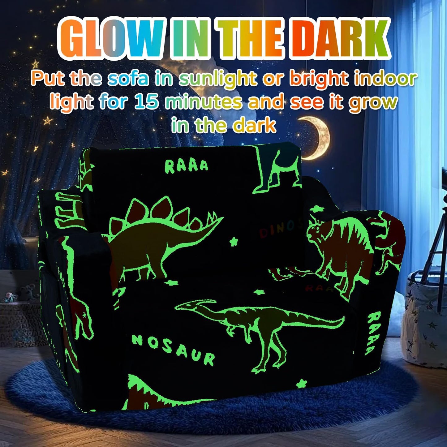 ONEKUKA Toddler Couch, Glow in the Dark Dinosaur Kids Couch, 2-in-1 Foldable Flip Open Kids Sofa Chair for Reading, Playtime and Playroom, Gift for Boys and Girls