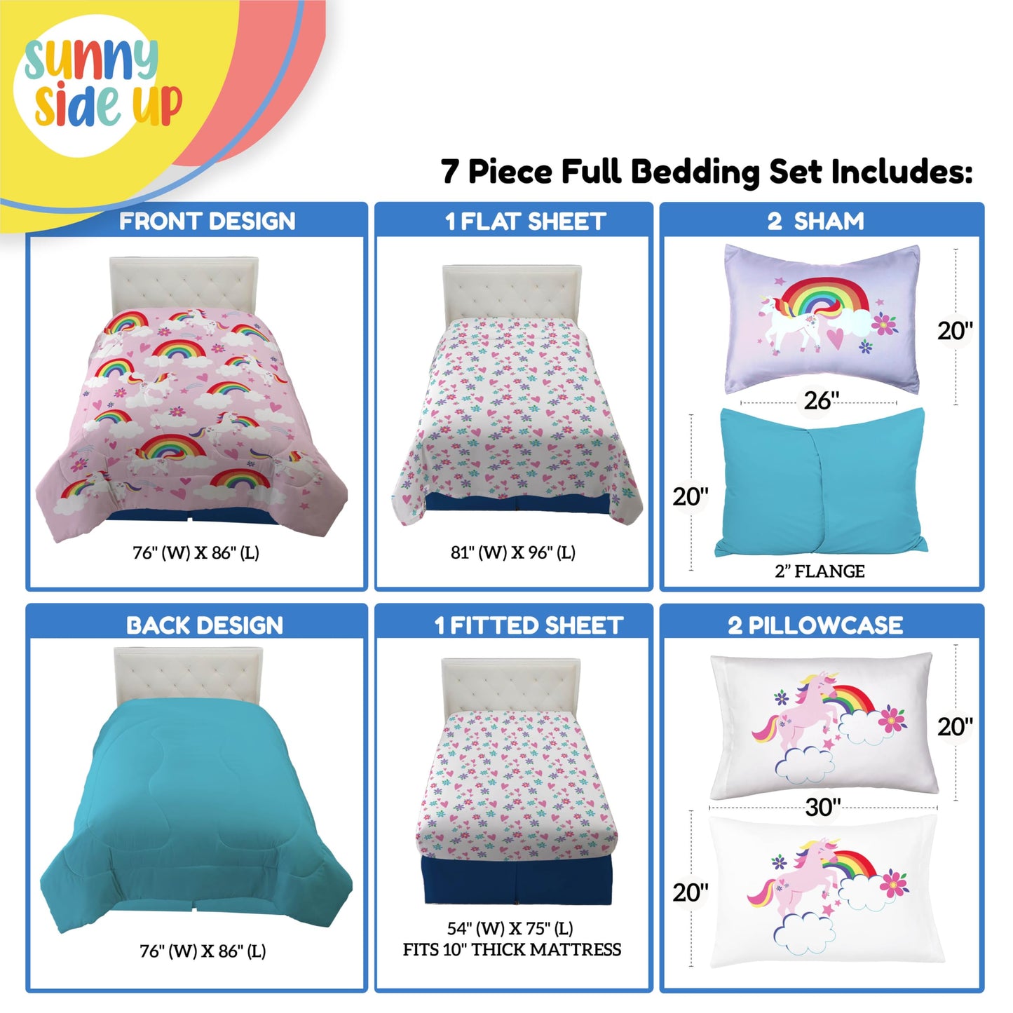 Sunny Side Up Rainbow Unicorns Full Comforter Set - 7 Piece Kids Bedding Includes Comforter, Sheets & Pillow Cover - Super Soft Pink Floral Microfiber Bed Set