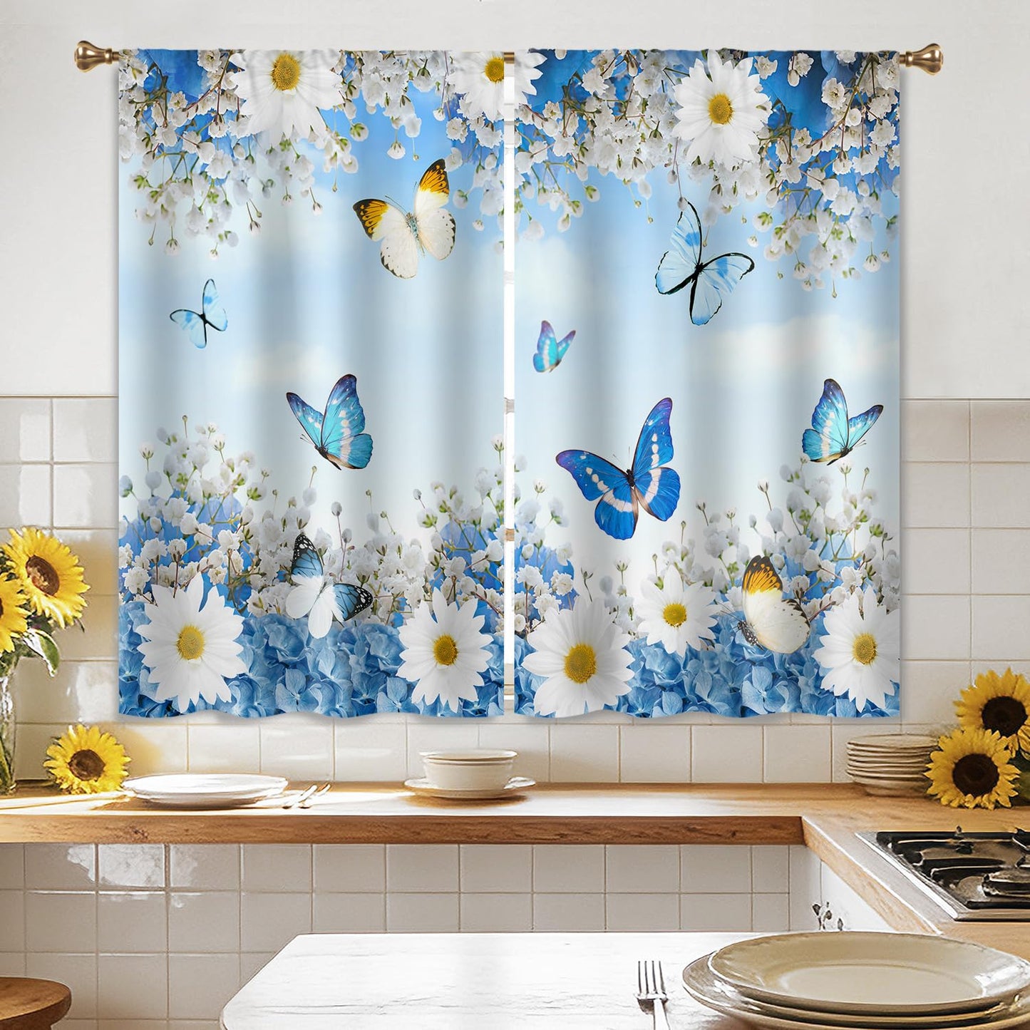 Cizuug Floral Butterfly Curtain for Kitchen & Bathroom Curtains - Daisy Floral Pattern Spring Cafe & Bedroom Short French Door Curtains 2 Panels (27.5x39 Inch)