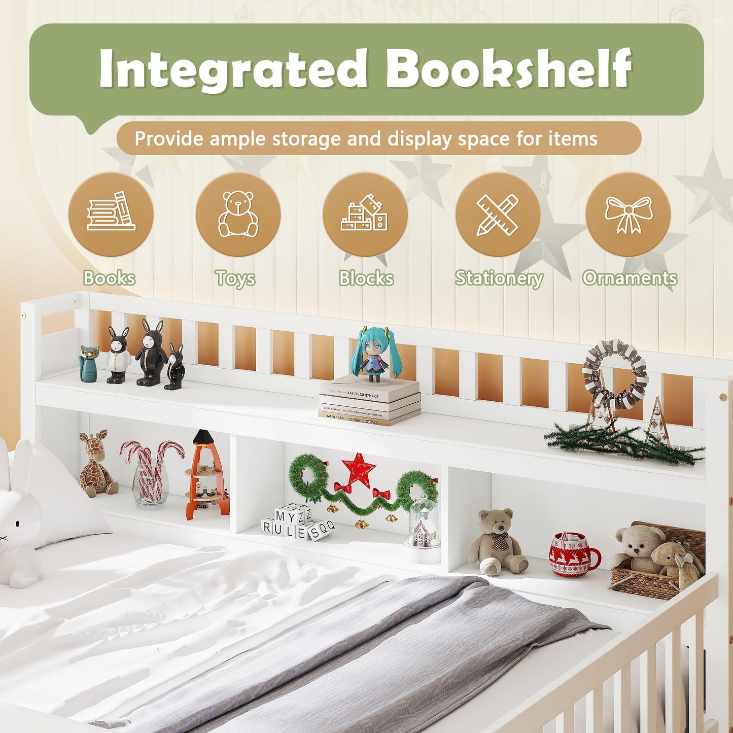 mikibama Full Size Montessori Floor Bed with Bookcase for Kids, White