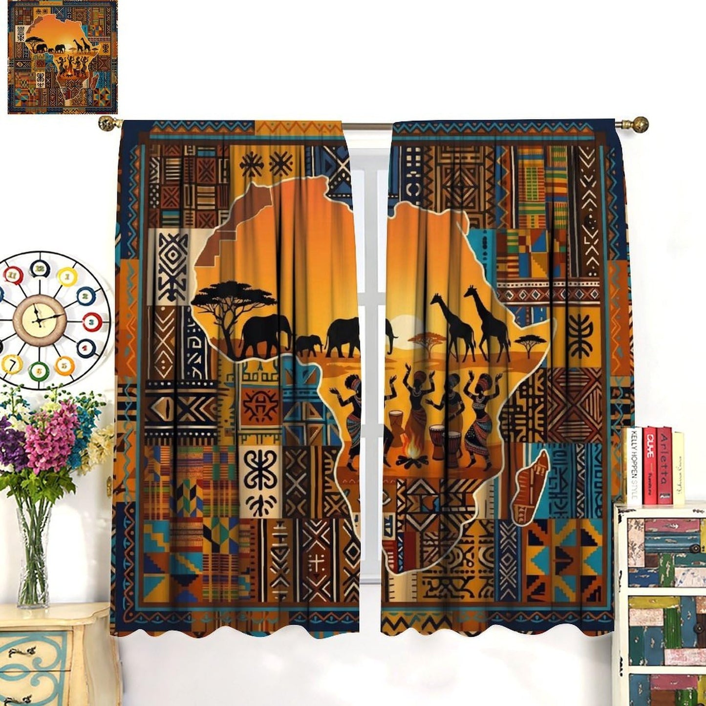 PHTAYOT African Curtains Abstract Aztec Tribal Map of Africa Boho Kuba Ethnic Style Pattern Blackout Window Treatments for Bedroom Living Room Rod Pocket Drapes 2 Panel Set,52x84Inch