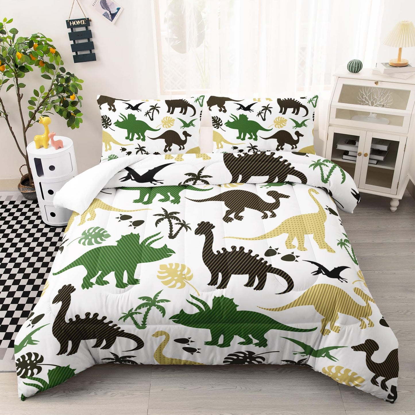 Nttopship Cartoon Dinosaur Comforter Set Twin Size 3 PCS,Green Dinosaur Printed Quilt Set for Bedroom Soft Microfiber All Season Print Quilt Set with 1 Comforter and 2 Pillow Case