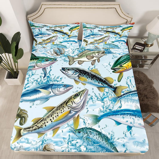 Bass Fish Bedding Sets Twin Size,Fishing Hunting Fitted Sheet 2Pcs for Kids Teens Men Adult Room Decor,3D Fish Animals Bed Sheet Modern Blue Green Deep Pocket Sheet,1 Pillowcase