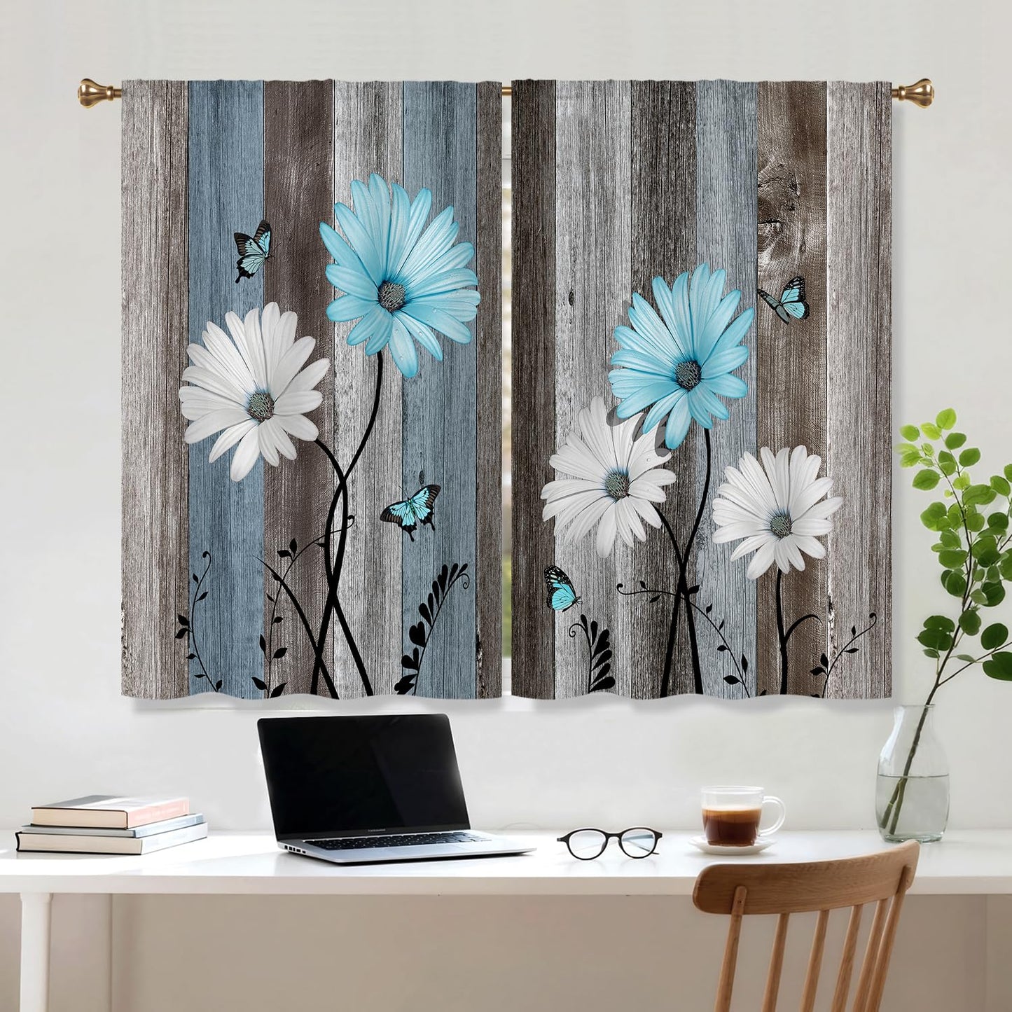 Cizuug Blue Farmhouse Daisy Kitchen Curtains Wooden Flower Small Short Cafe Window Curtains Rustic Floral Butterfly Country Bathroom Drapes Treatment Tier Curtains 2 Panels
