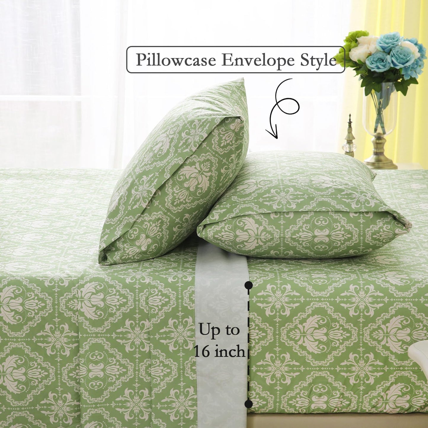 ChicView King Size Geometric Printed Sheet Set,4 Pieces Boho Style Breathable Soft Microfiber Bedsheets, Anti Pilling Deep Pockets Easy Care Bed Sheets, Sage Green