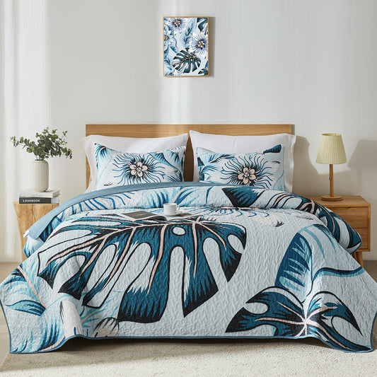 Yogeneg King Quilt Bedding Set,White Green Botanical Pattern Light Blue King/Cal King Quilt Set,3 Piece Lightweight Soft Summer Bedspread Coverlet with 2 PIillow Shams,All Season(Light Blue,110"x96")