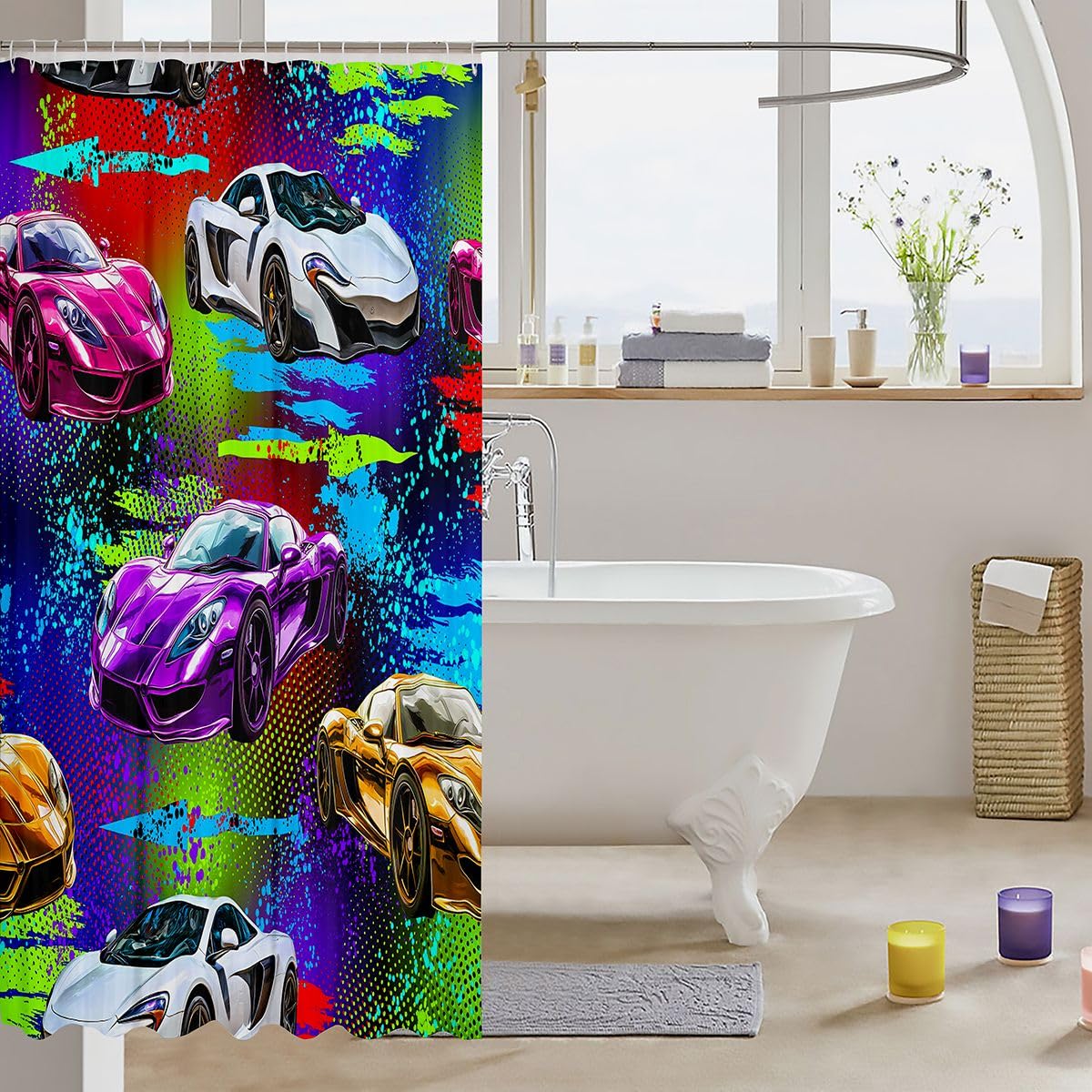 Feelyou Boys Sports Car Shower Curtain for Bathroom Decor Racing Car Bath Curtain for Stalls Bathtubs Extreme Sports Bathroom Accessories Automobile Waterproof Polyester Fabric with 12 Hooks 72"x72"
