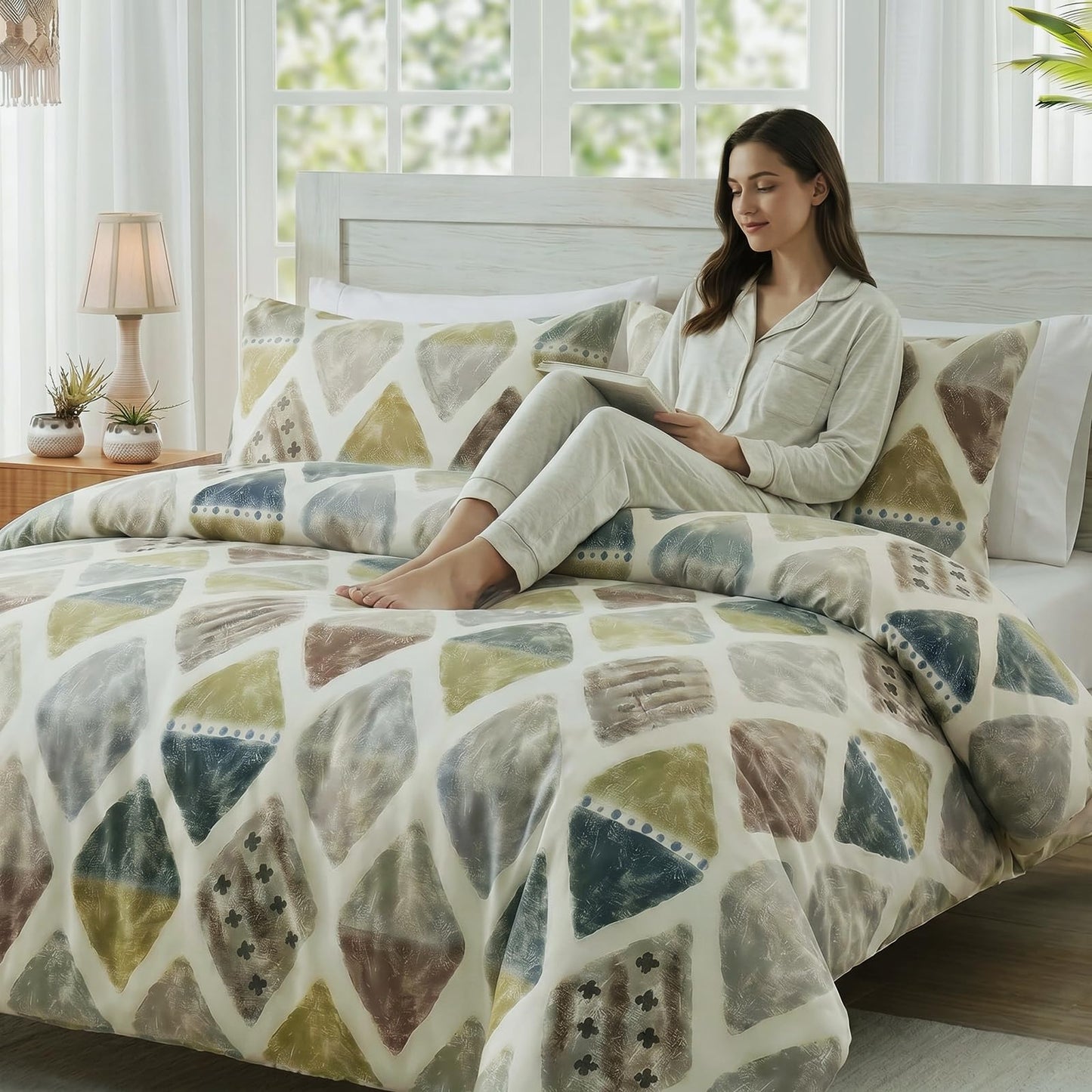 Cozaline 100% Cotton Duvet Cover Set Queen – Green Geometric Bedding Set 3 Pieces, Soft Lightweight Comforter Cover with Zipper Closure, Contemporary Color Aesthetic Bed Set
