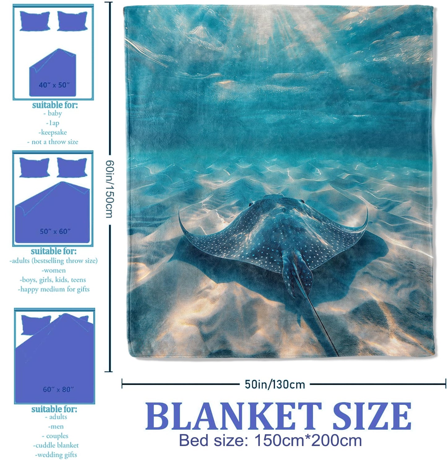 Plistiz Blue Ocean Stingray Throw Blanket 50x60, Fish Theme Blankets for Living Room Decor, Soft Flannel Stingray Gifts for Adults and Kids