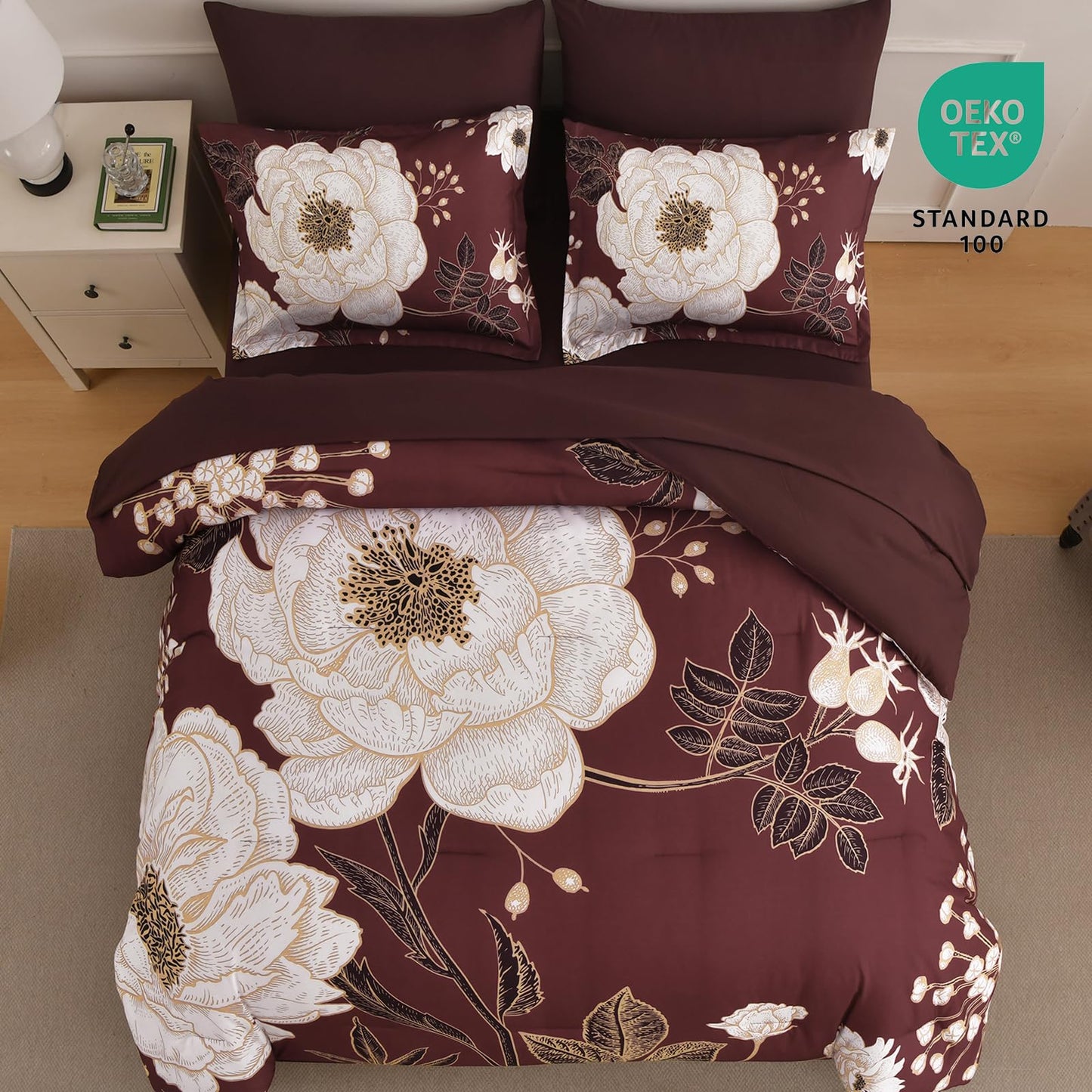 Luxudecor Burgundy Floral Queen Comforter Set 7 Pieces Bed in a Bag,Beige Flower Print on Burgundy Bedding Set,Soft Reversible Comforter with Sheets 90"x90"