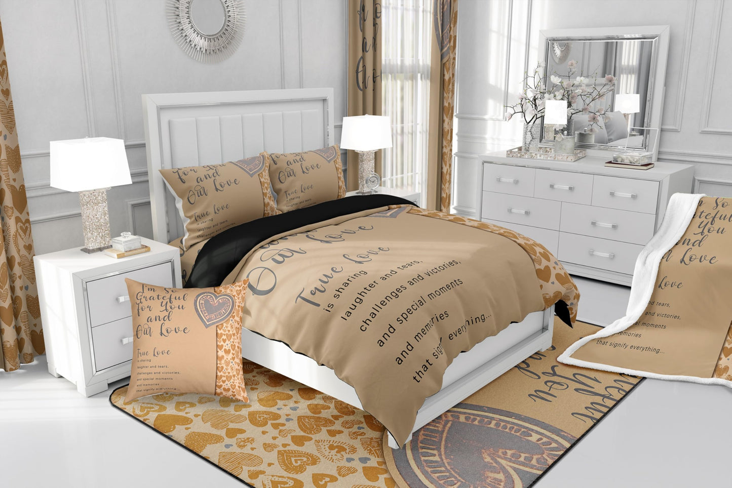 Erosebridal Gray Motto Bedding Queen,Romantic Valentine Gifts Comforter Set for Couple Lover,Love Hearts Down Comforter