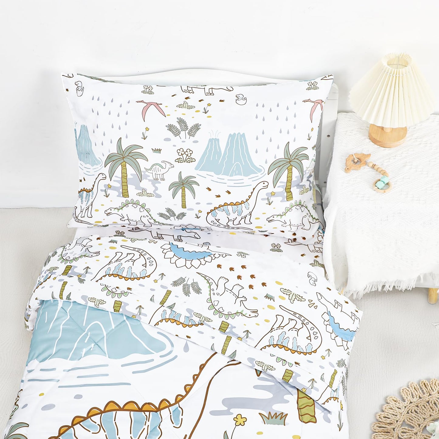 SWESEN Toddler Bedding Set for Boys, Cute Dinosaurs Toddler Boy Bedding Set, Soft & Lightweight 4 Piece Toddler Comforter Sets Include Comforter, Flat Sheet, Fitted Sheet, Pillowcase