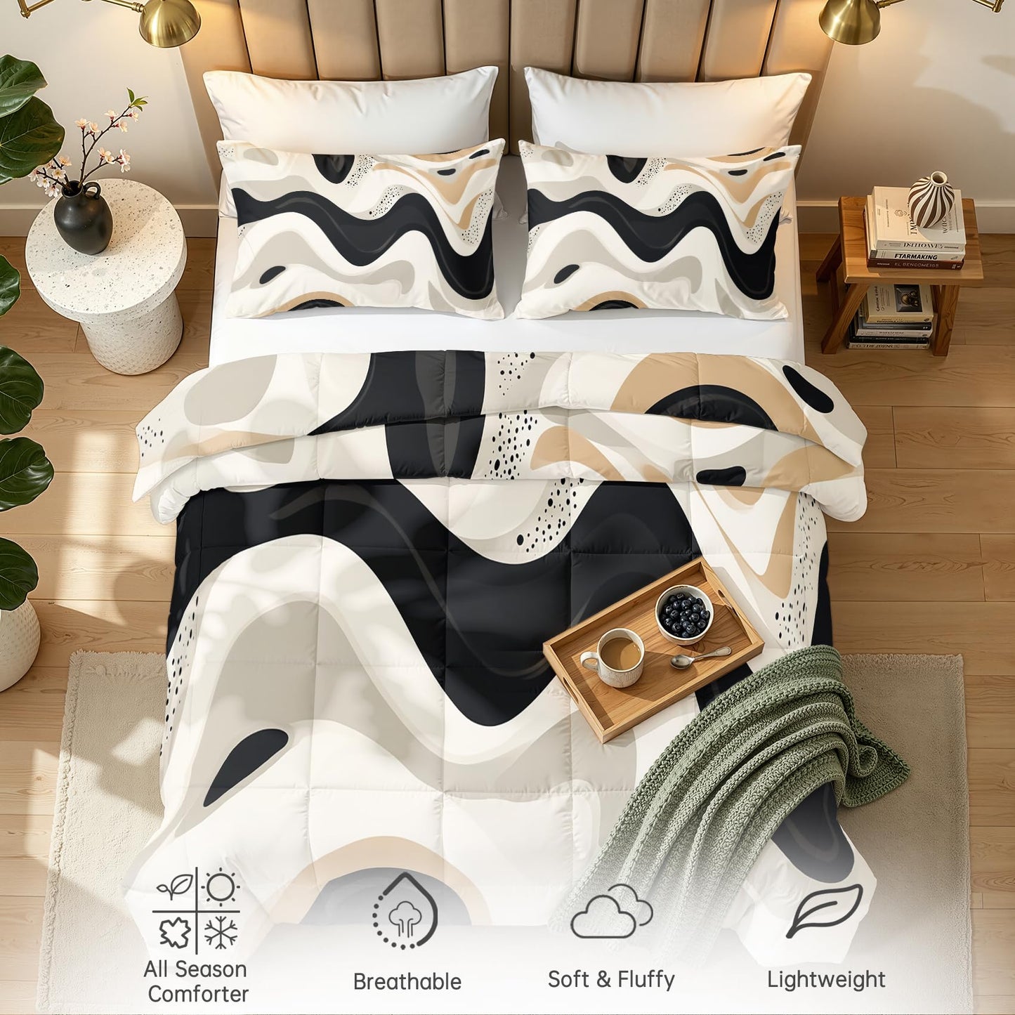 Abstract Comforter Queen Size - 3 Pcs Bed Set, All Season Comforter & 2 Pillowcases, Black White Beige Bedding Set, Soft Lightweight Down Alternative Duvet Insert, Mid Century Modern Bedroom Decor