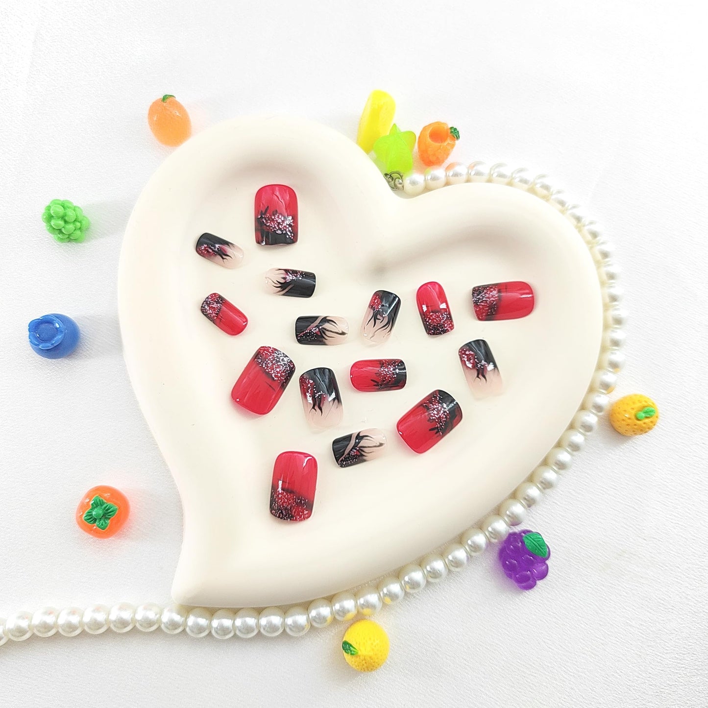 Press on Nails Square Fake Nails Medium with Black Flame Glitter Design Nails Press ons Red Full Cover Glue on Nails Glossy Acrylic Nails Winter Stick on Nails for Women 24Pcs