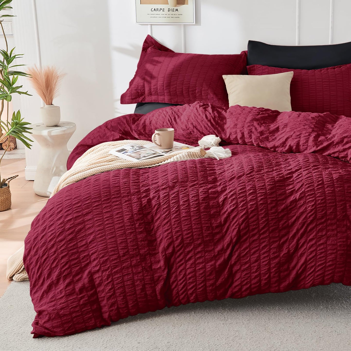 HYMOKEGE Red/Black Oversized Queen Comforter Set Seersucker 7 Pieces, All Season Luxury Bed in a Bag for Bedroom, Bedding Set with Comforter, Sheets, Pillowcases & Shams