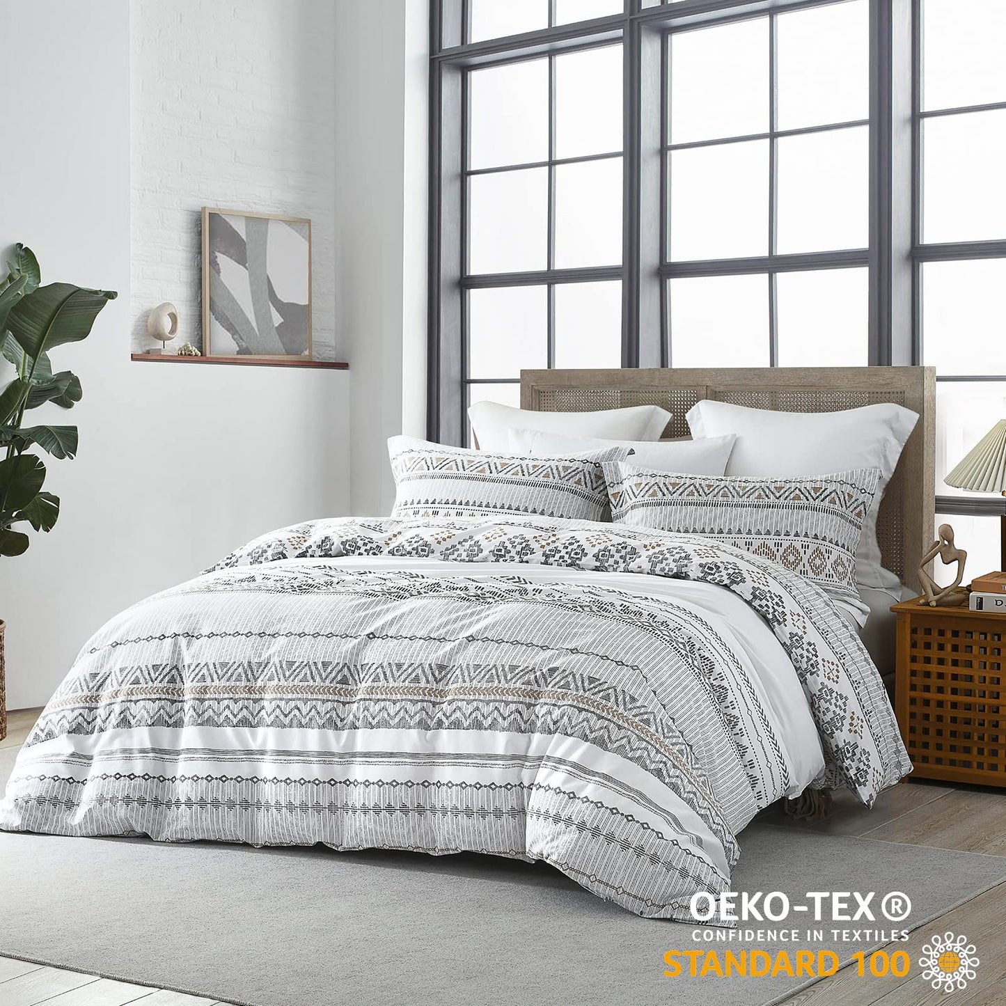 CozyDH Cotton Duvet Cover King - 100% Cotton 400TC Boho Aztec Duvet Cover King Size, Soft and Breathable King Duvet Cover Set for All Season, Bohemian Geometric 3pcs Bedding Set (King, 104"x90")