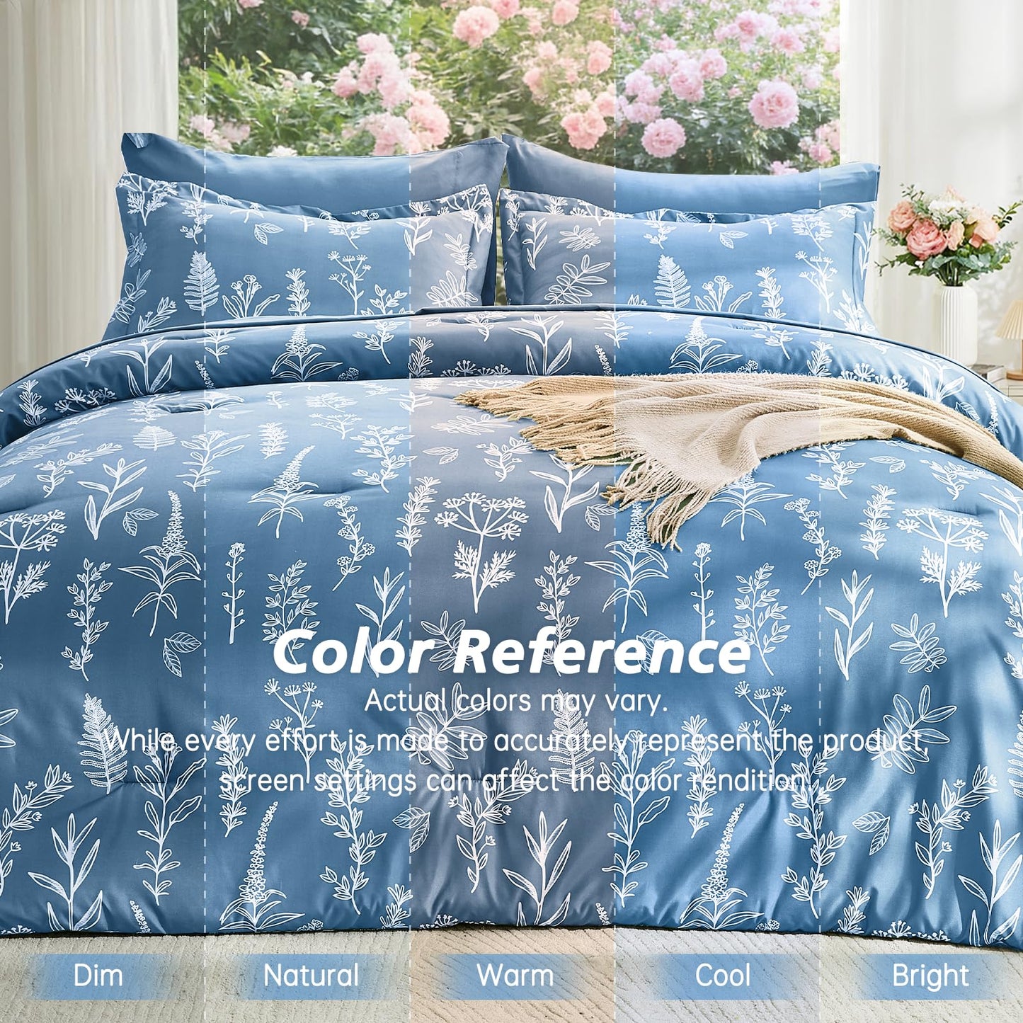 MUXHOMO Ice Blue Bed in a Bag King 7 Pieces, King Comforter Set Reversible Botanical Flowers Design, Ultra Soft & Breathable Bedding Sets with Comforter, Sheets, Pillowcases & Shams