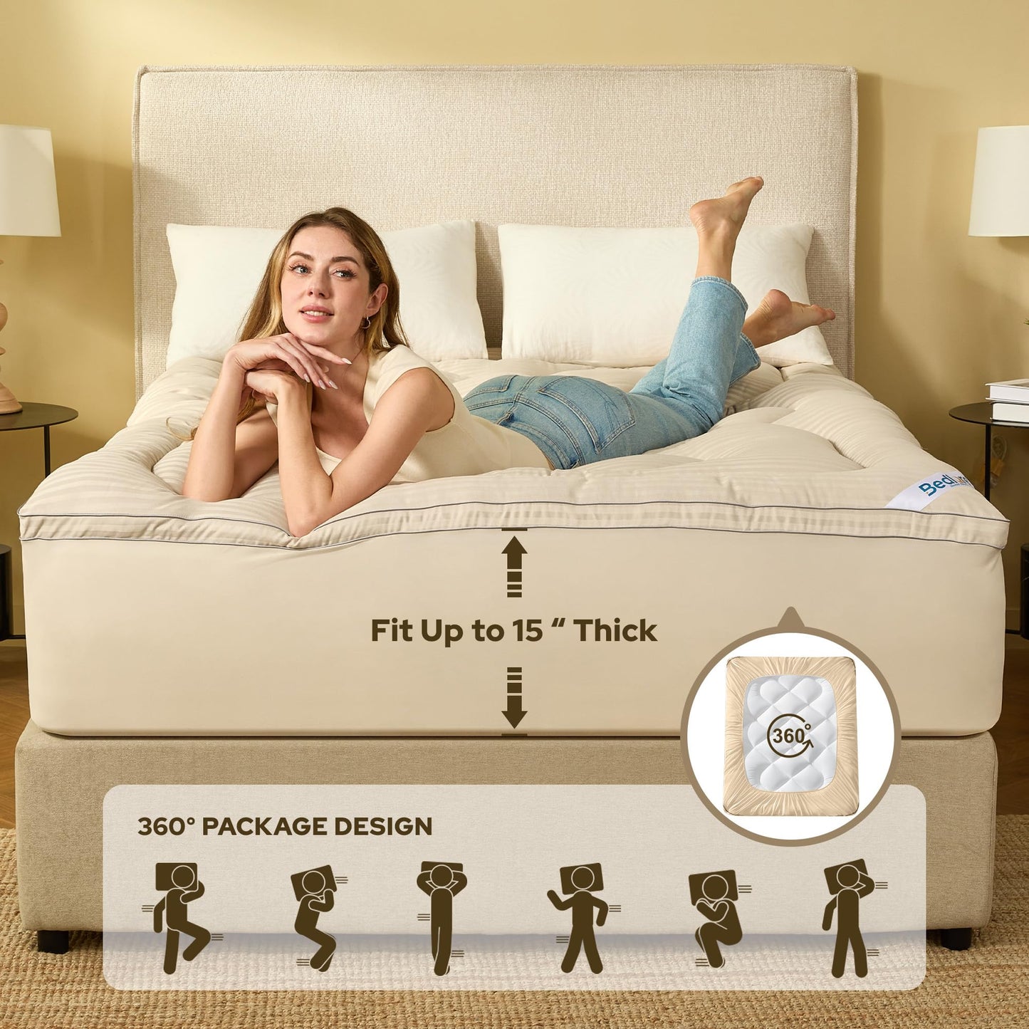 BEDLORE Twin Mattress Topper, Thick Pillow Top Pad for Back Pain Relief, Soft Mattress Cover with Deep Pockets 6-15 inch(Beige)