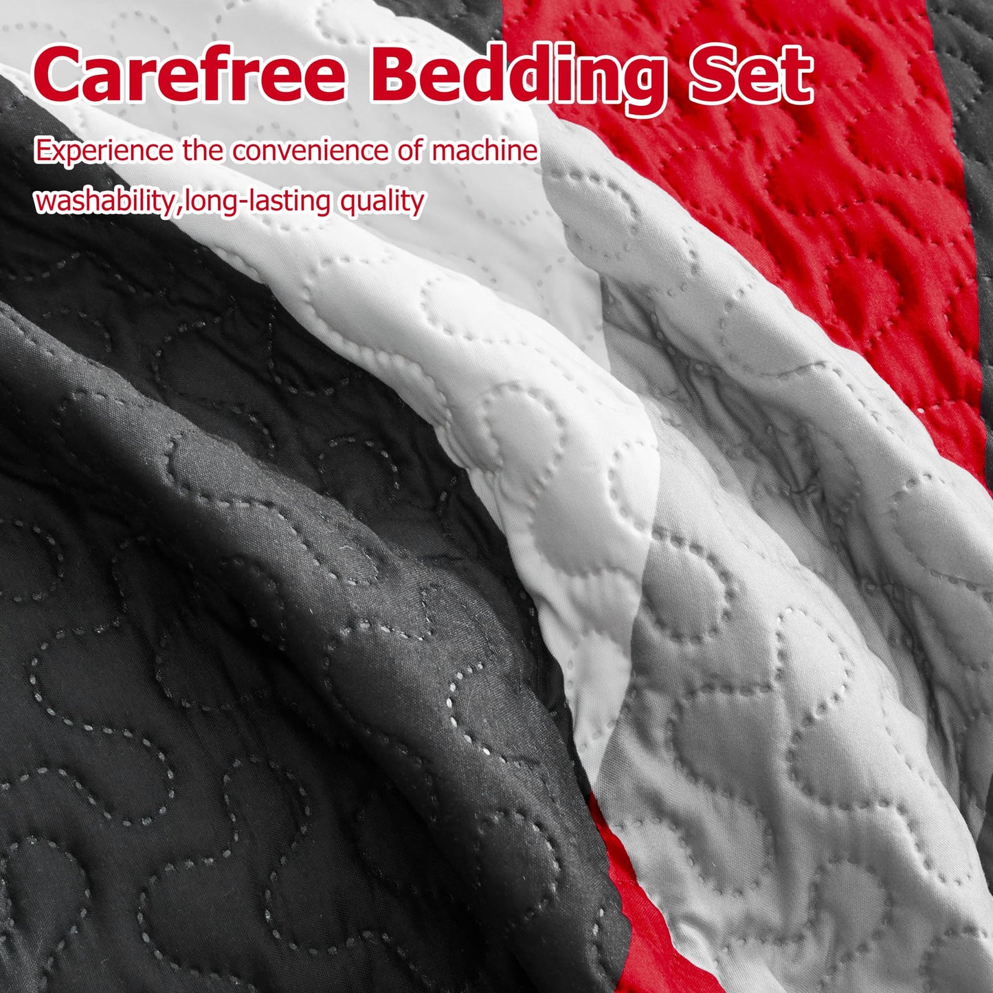 weesire Black and Red Bedding Quilt King Size with 2 Shams, Modern Stripe Comforter Sets Classic Line Pattern Bedspreads Grey and Red Coverlet, 96''x106''
