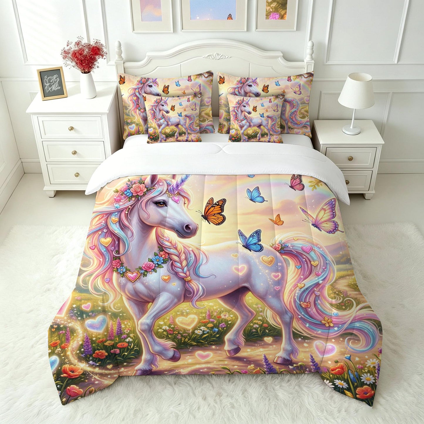 FUYEUN Unicorn Comforter Set Queen Size 7 Pieces Cute Rainbow Print Bedding Set for Kids Boys Girls Bed in a Bag with Comforter, Sheets, Pillowcases, Cushion Covers Dreamy Princess