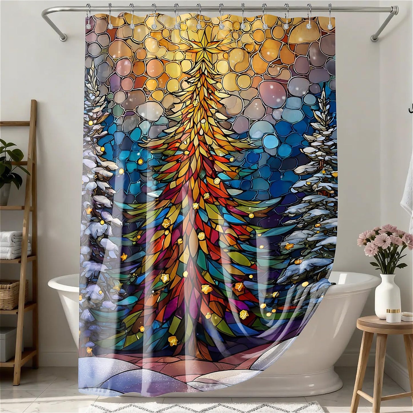 TANGXUNFA Colorful Christmas Tree-1 Shower Curtain for Bathroom, Water-Resistant Long Shower Curtain Set 72x72 Inch with Metal Grommets and 12 Metal Hooks