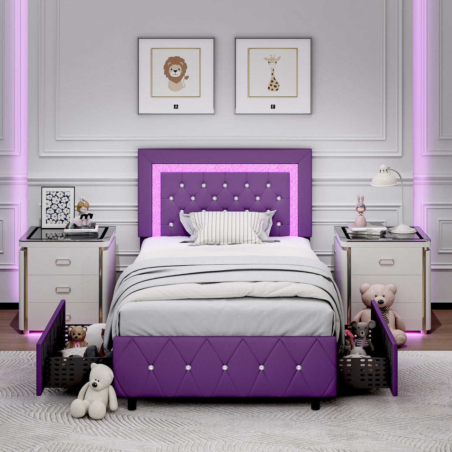 Twin Bed Frames with Storage Drawers and LED Lights, Upholstered Bed with Crystal Tufted Headboard, Princess Platform Bed with Wooden Slats Support, No Box Spring Needed, Purple