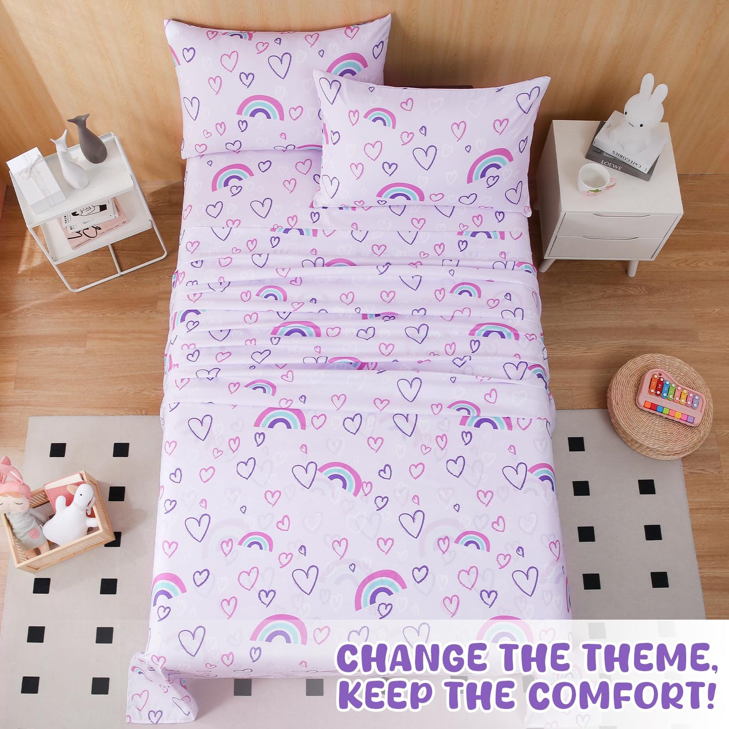 Swiftify Twin Sheet Set Kids, Rainbow Hearts Purple Sheets, 3-Piece Bed Sheet Set for Boys & Girls, Soft Brushed Microfiber Bedding, Deep Pocket, Wrinkle & Fade Resistant